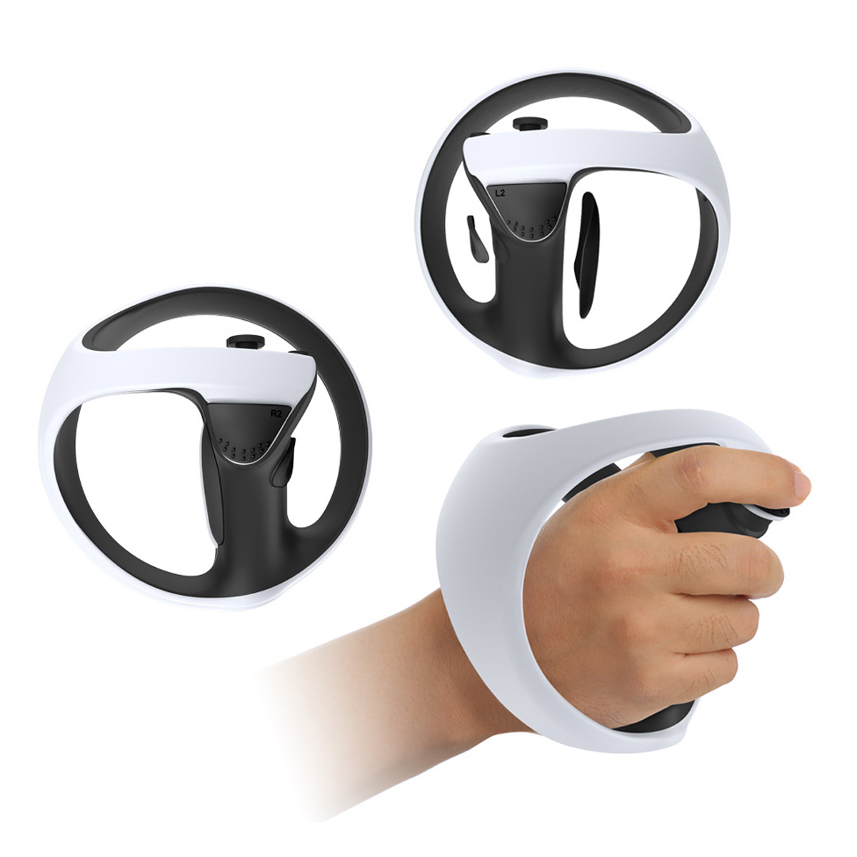 Weiß-schwarzer VR-Controller. Er hat ein Griffdesign und Knöpfe.