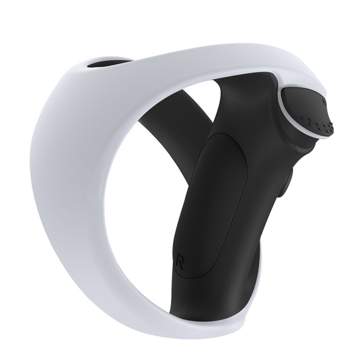 Weißer VR-Controller mit schwarzem Griff und dem Buchstaben 'R' darauf. Geschwungenes Design.