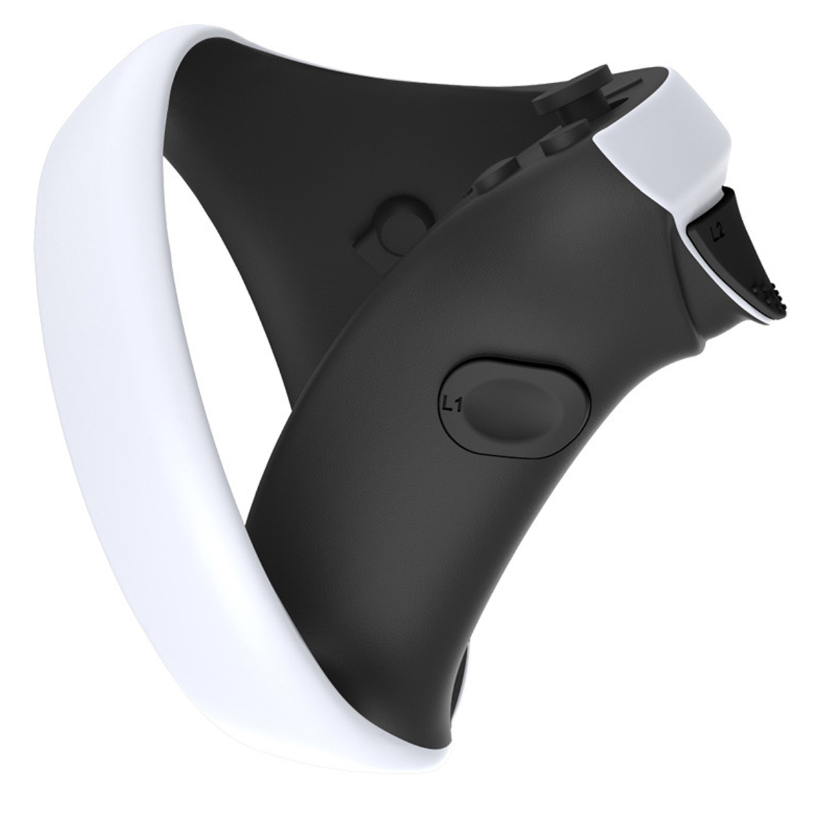 Schwarz-weißer VR-Controller mit Knöpfen und einem gebogenen Griff.