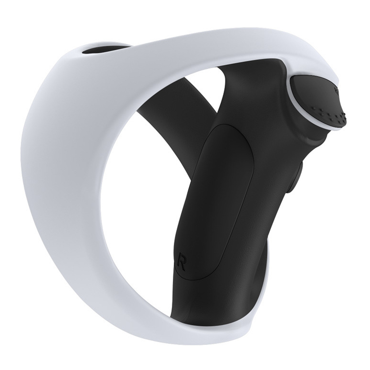 Ein weißer und schwarzer VR-Controller mit Ring und Griff.
