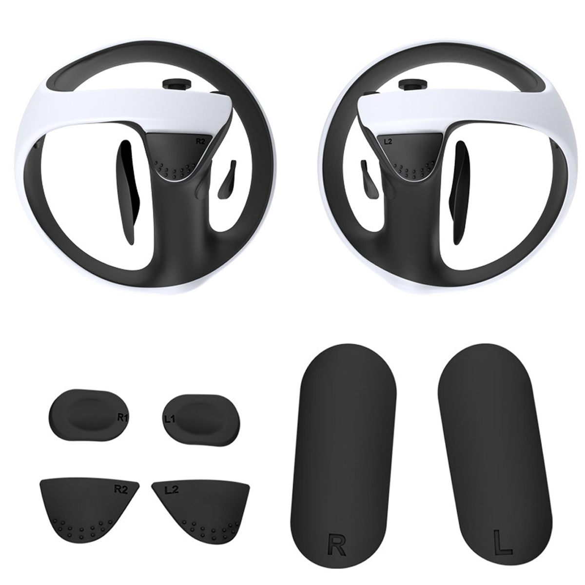 Zwei weiße und schwarze Gaming-Lenkräder mit Controller-Zubehör: Knöpfe und Griffe.