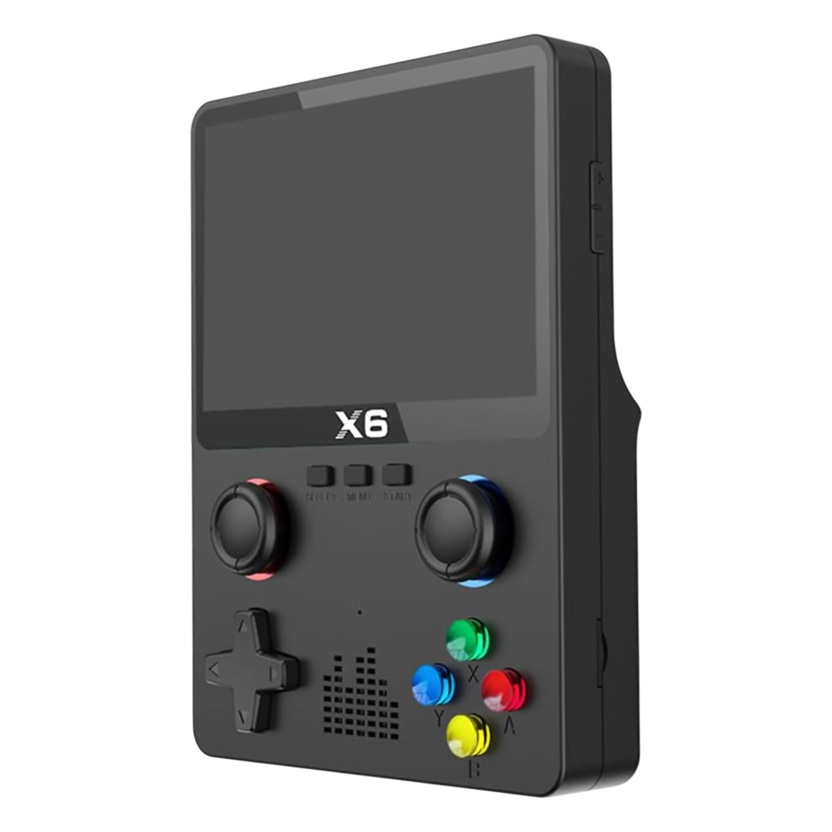 Una consola de juegos portátil negra con botones y una pantalla.