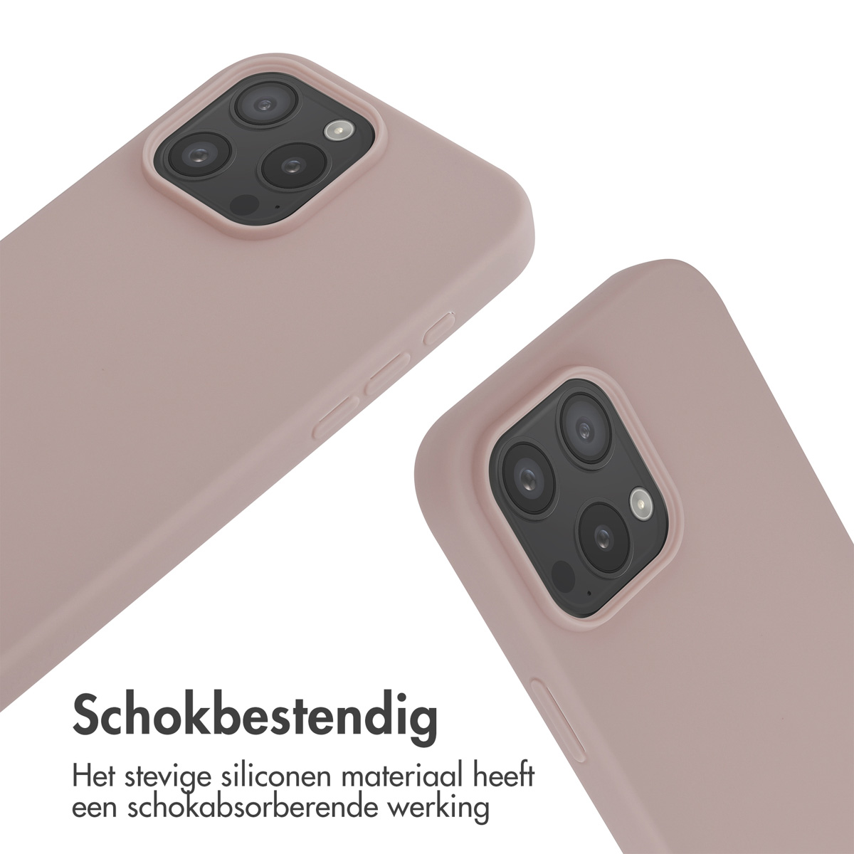 Two pink phone cases, with a close-up view of the camera section. Text in Dutch says 'Shockproof'.