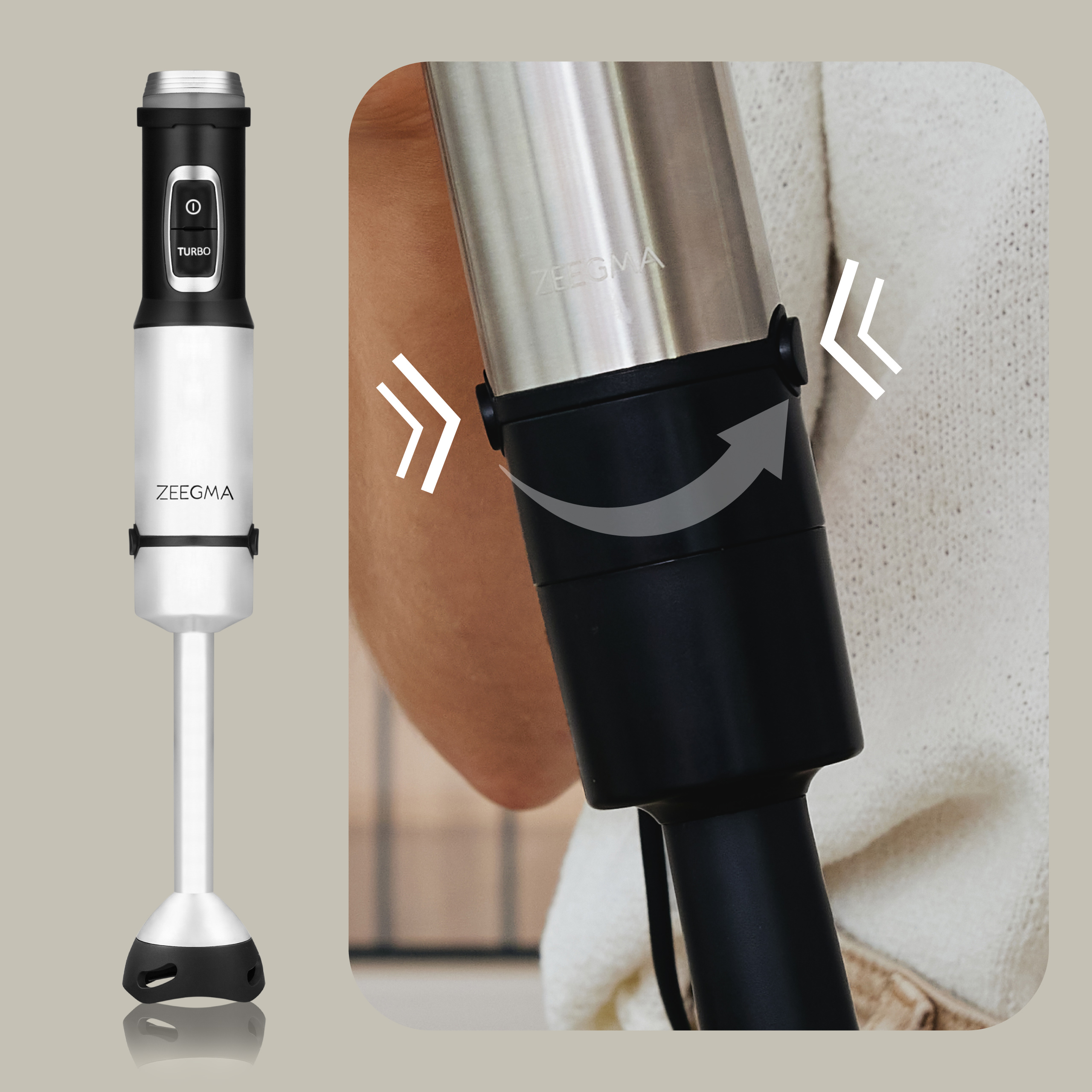 Een witte en zilveren staafmixer. Een hand wordt getoond die de blender gebruikt, met pijlen die een draai aangeven.