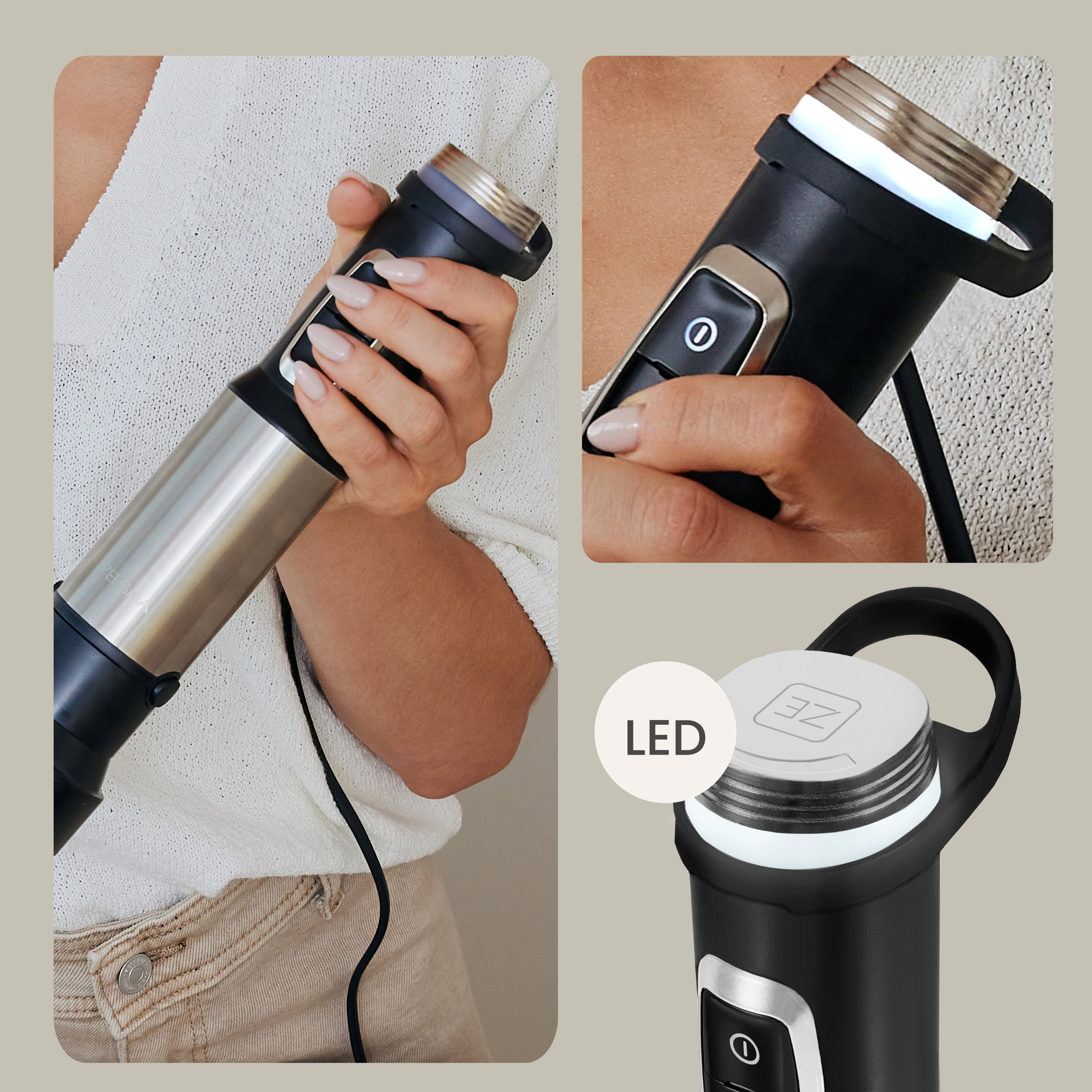 Persoon die een zwarte en zilveren blender vasthoudt. Close-ups tonen knoppen en LED-details. LED is zichtbaar.