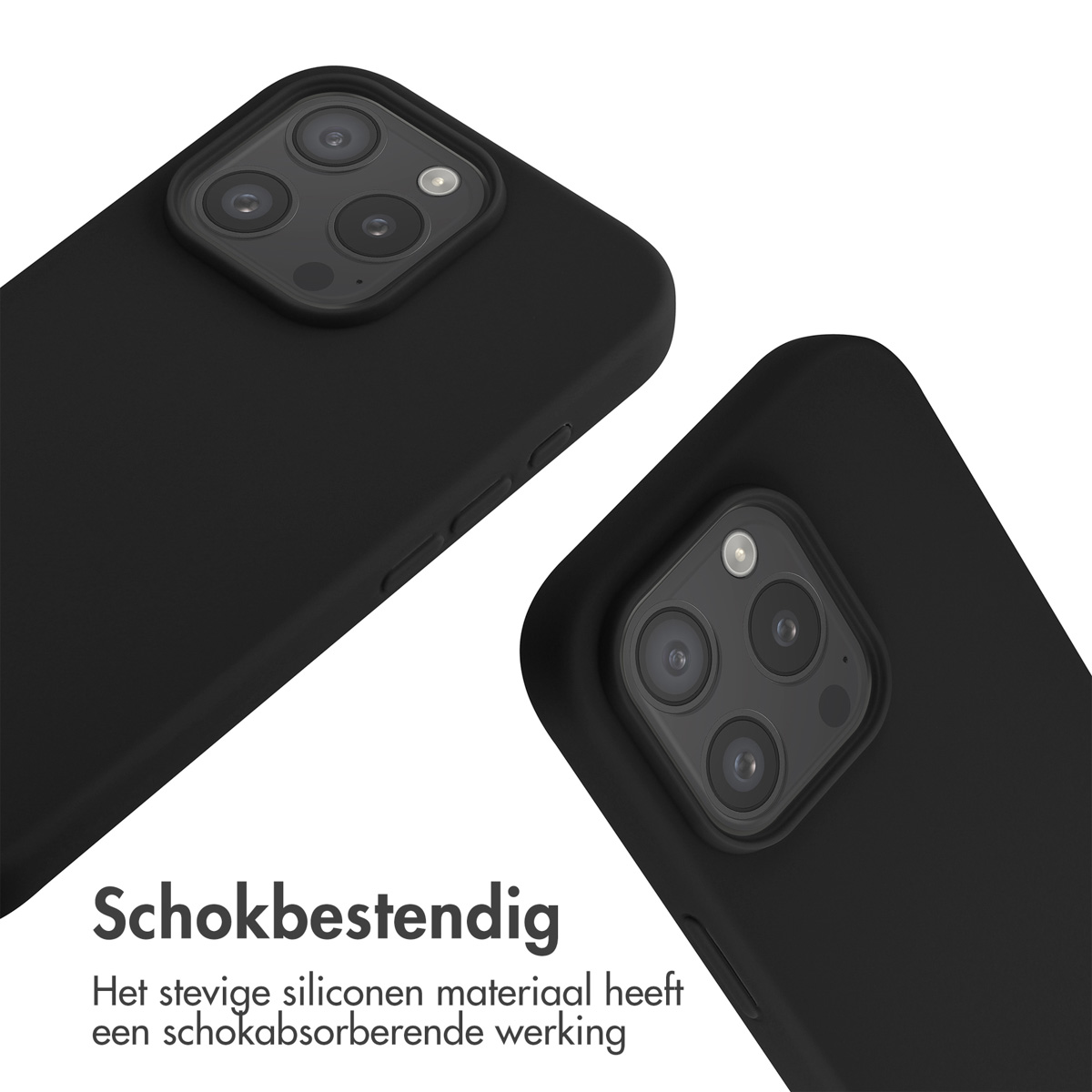 Close-up van twee zwarte telefoonhoesjes. Tekst: "Schokbestendig", wat schokbestendig betekent. Siliconen materiaal.