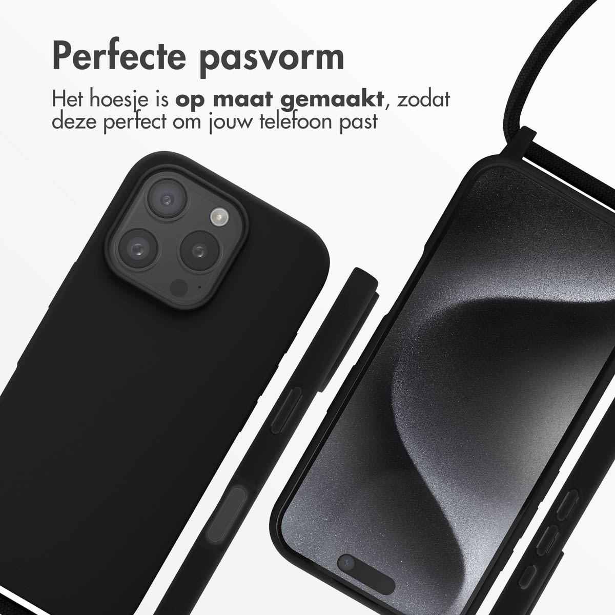 Twee zwarte telefoonhoesjes. Een telefoon in een hoesje links. Een andere rechts, toont het scherm van de telefoon.