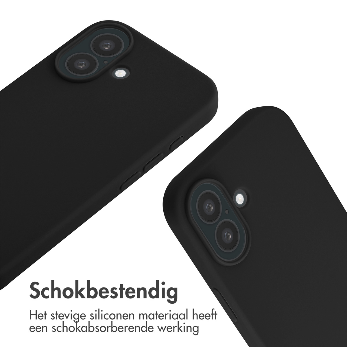 Nahaufnahme von zwei schwarzen Handyhüllen mit Kameraausschnitten. Text hebt Stoßfestigkeit hervor.