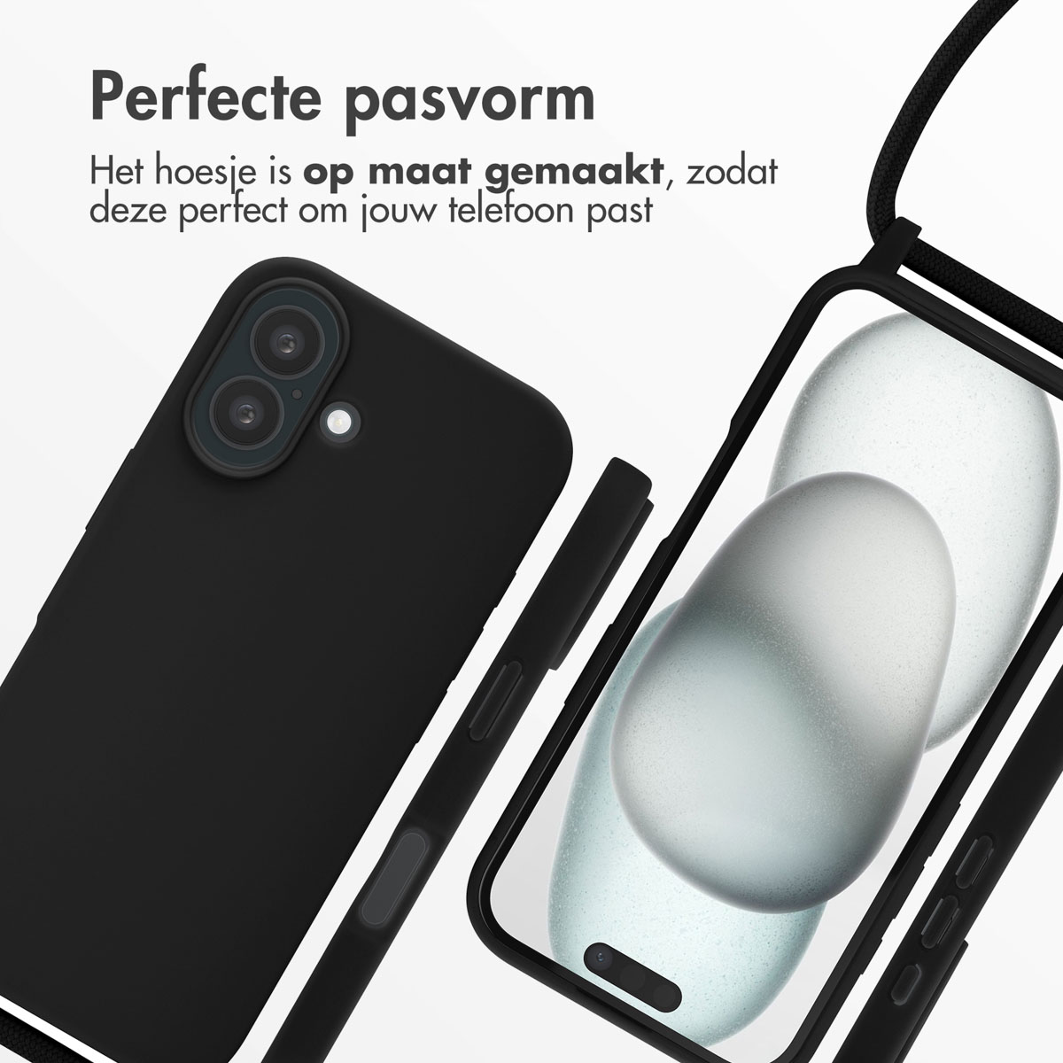 Schwarze Handyhülle mit transparentem Rücken. Die Handyhülle ist auf dem Telefon mit einem schwarzen Riemen abgebildet.