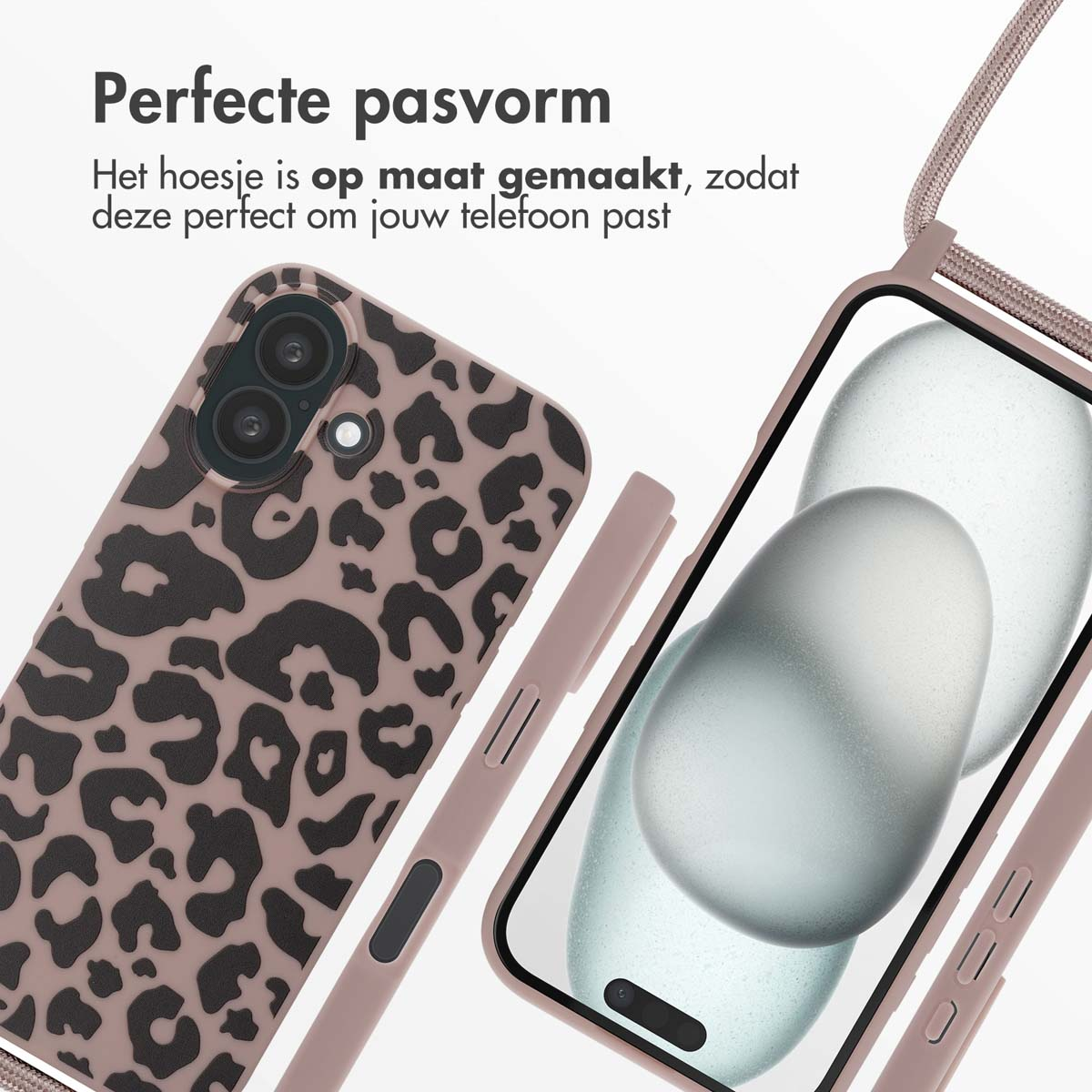 Twee telefoonhoesjes. Een roze hoesje met luipaardprint en een roze hoesje met een telefoon erin. Tekst: 'Perfecte pasvorm'.