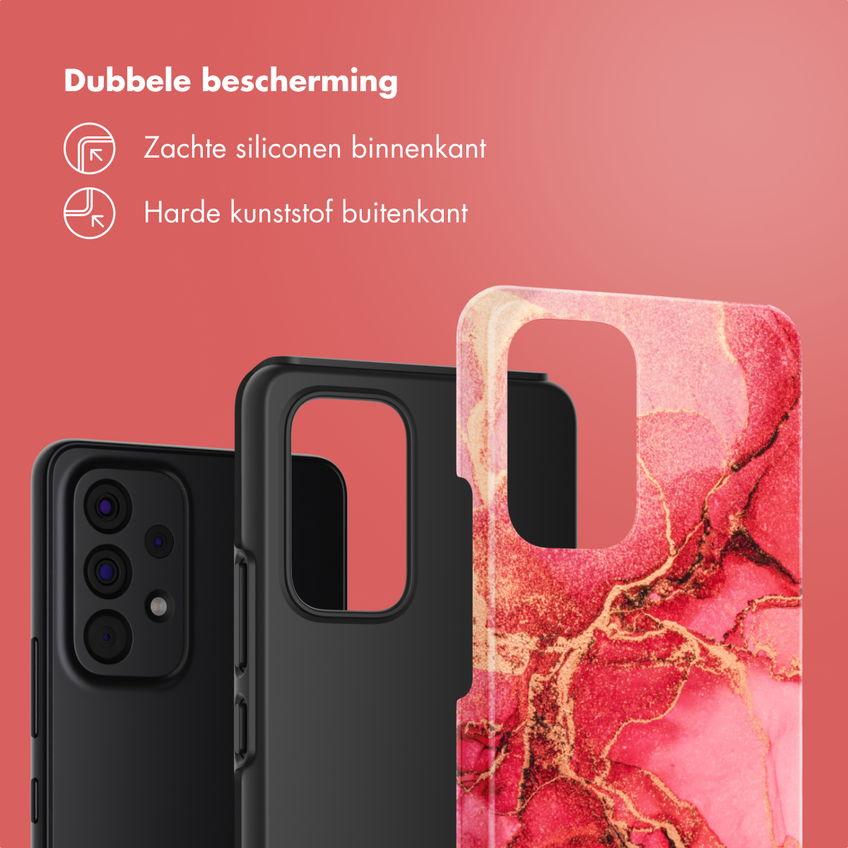 Custodia per telefono con motivo in marmo rosso e custodia nera con obiettivo della fotocamera.