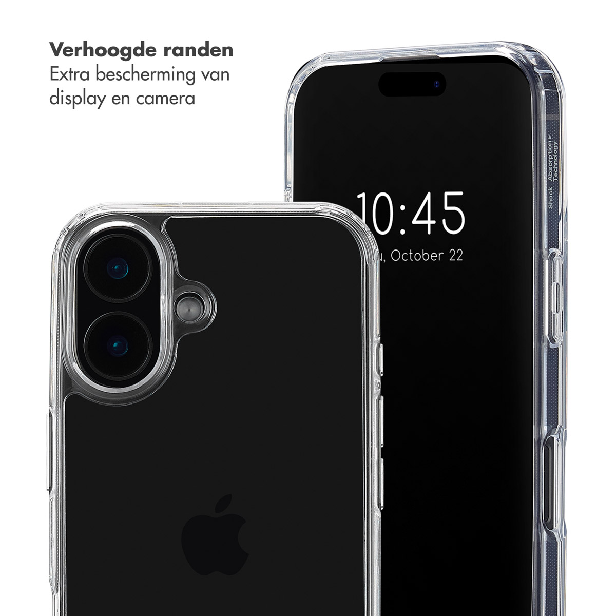 Twee telefoons in doorzichtige hoesjes. Eén links, één rechts. De rechter toont de tijd en datum.