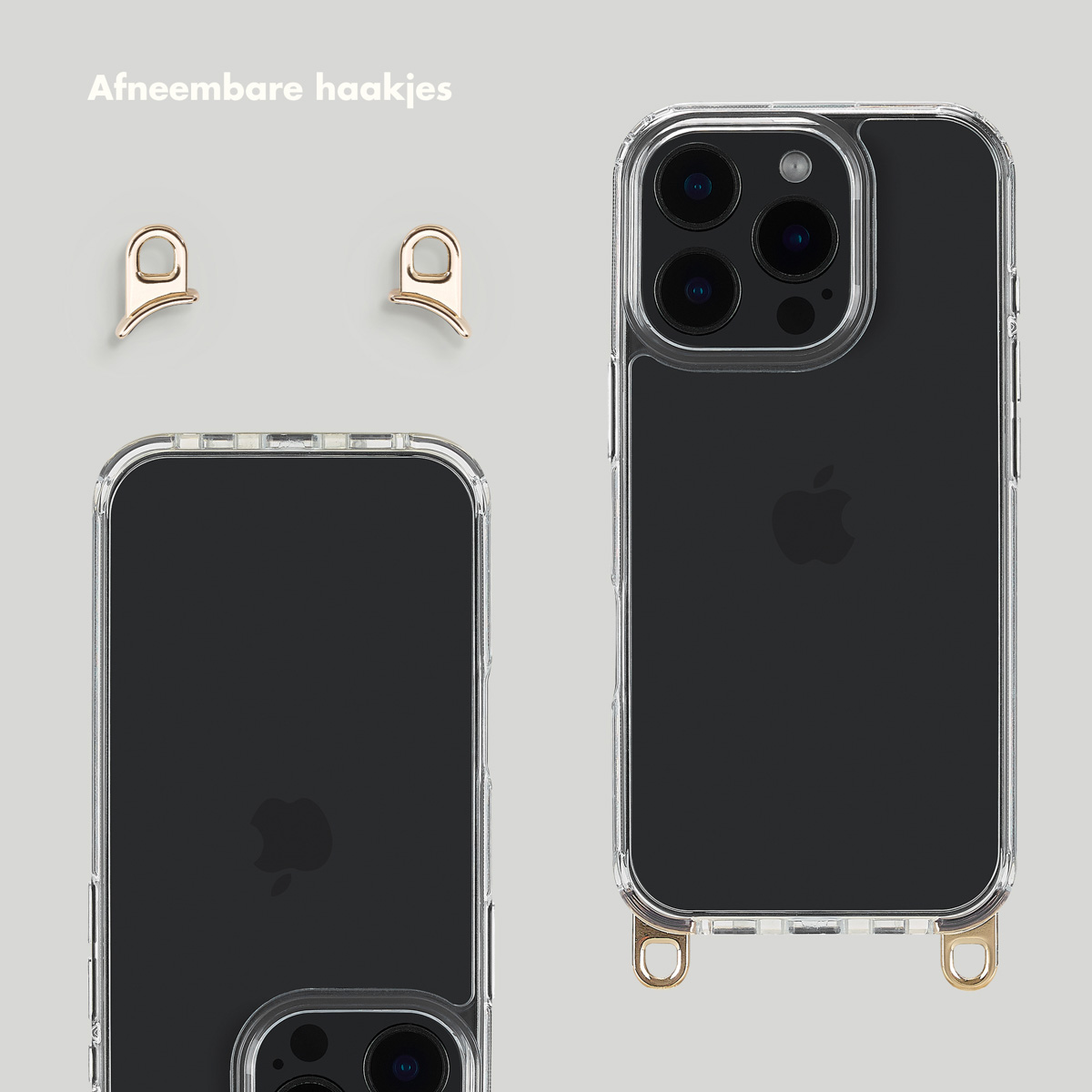Telefoonhoesje met gouden haken. Twee haken zijn los. De telefoon is zwart met een Apple logo.