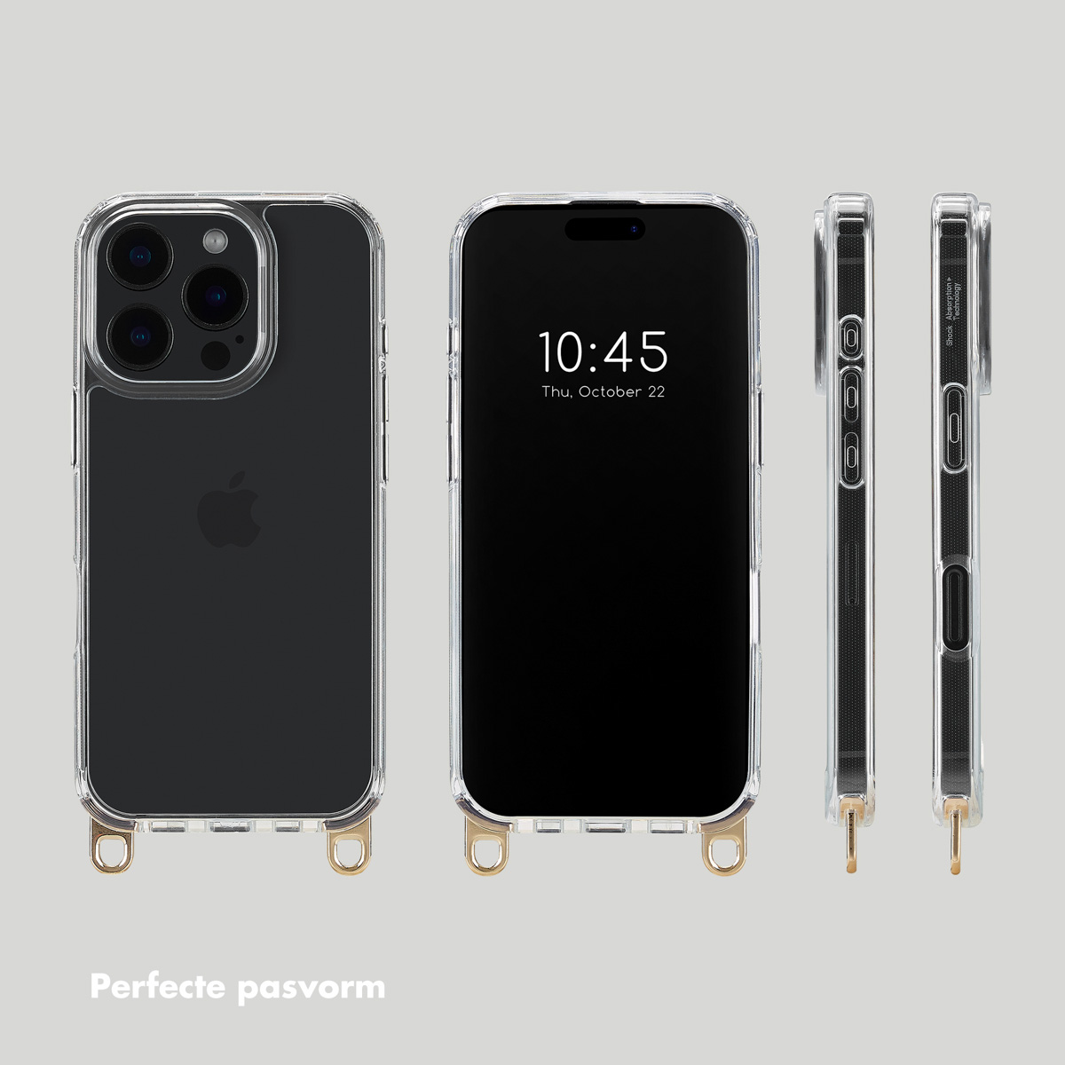 Telefoonhoesje met drie aanzichten. Het is transparant, met een zwarte telefoon erin.