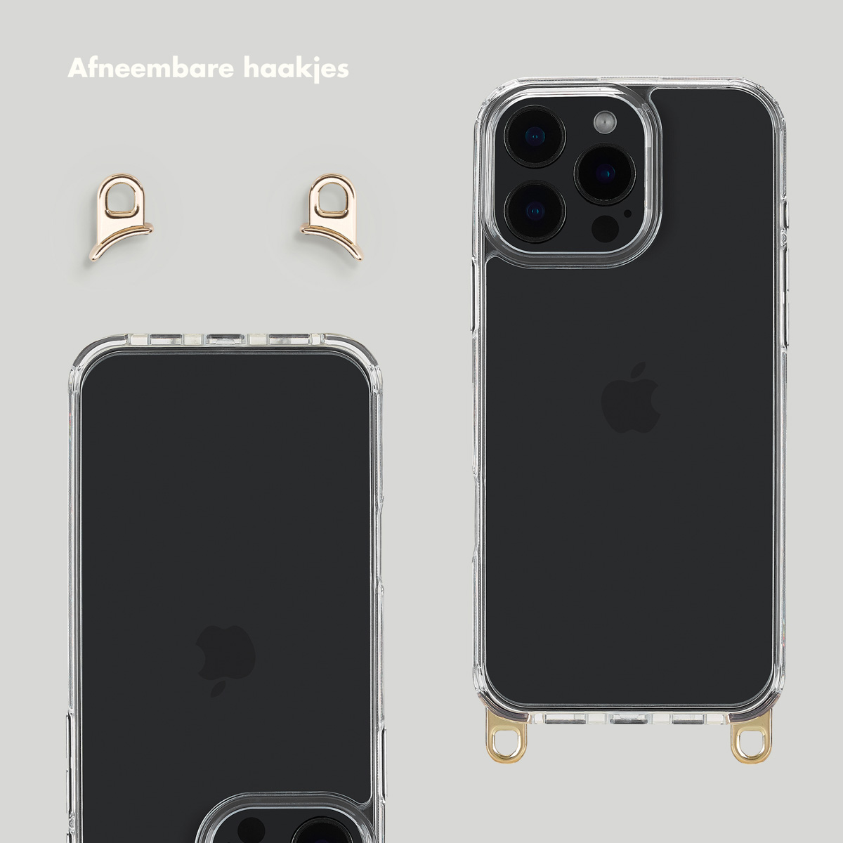 Vengono mostrate due custodie per telefono con ganci. Una custodia è trasparente e ha un telefono nero all'interno. L'altra ha dei ganci.