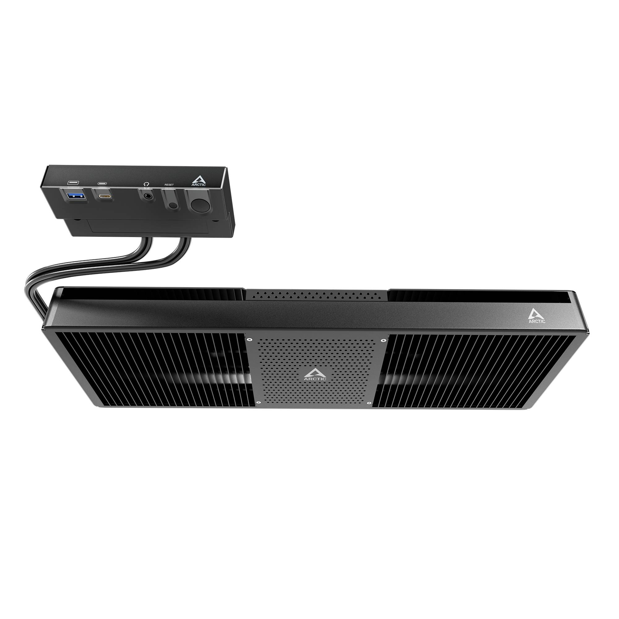 Sistema di raffreddamento per computer nero con pannello di controllo. Forma rettangolare con alette e logo Arctic.