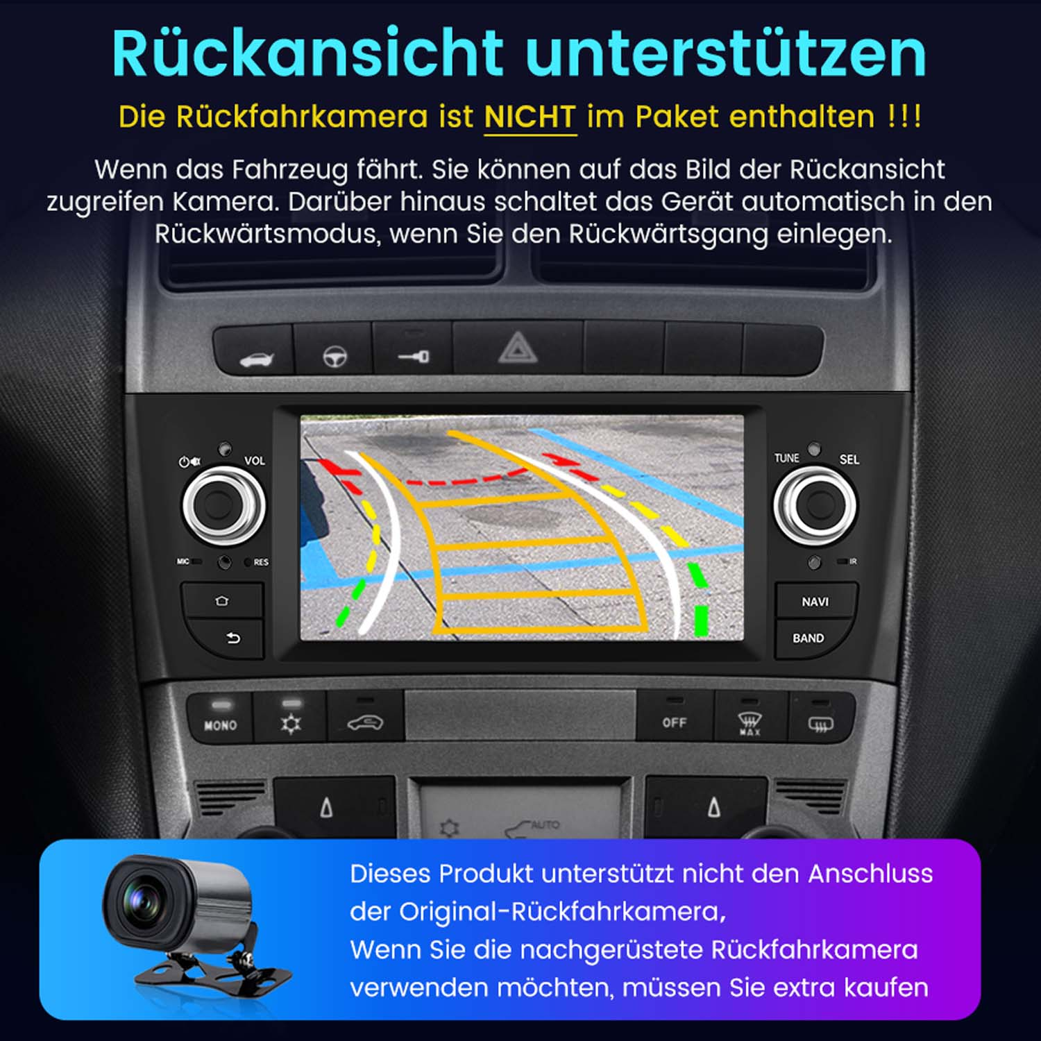 Pantalla del sistema de infoentretenimiento del coche mostrando vista cámara trasera. Botones.