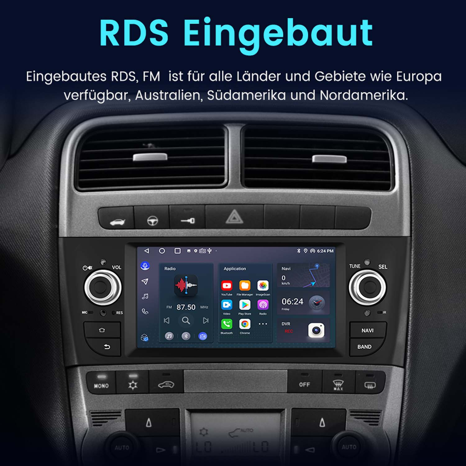 Pantalla de radio del coche que muestra la interfaz de radio. El texto indica RDS en Europa, etc.