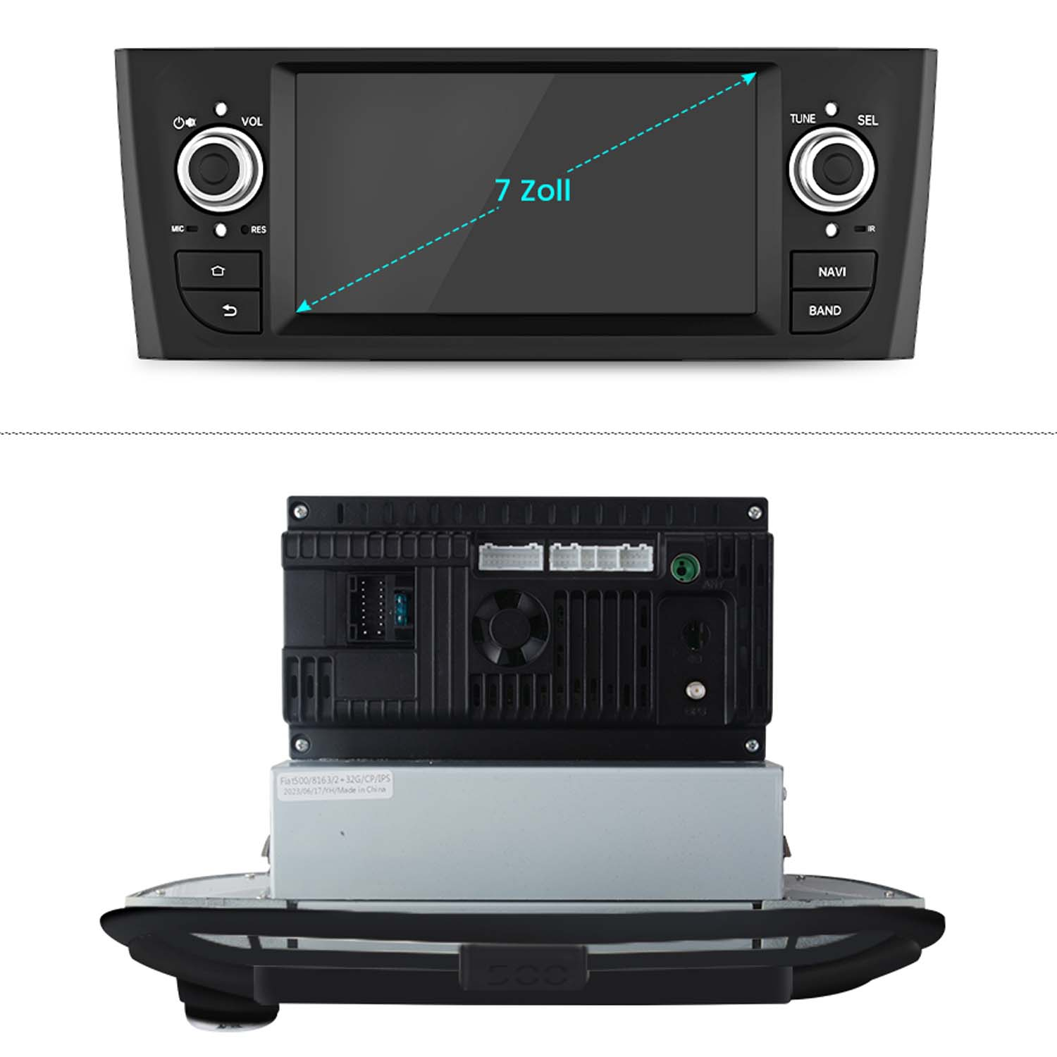 Autoradio con schermo da 7 pollici. Controlli touch screen e pulsanti visibili.