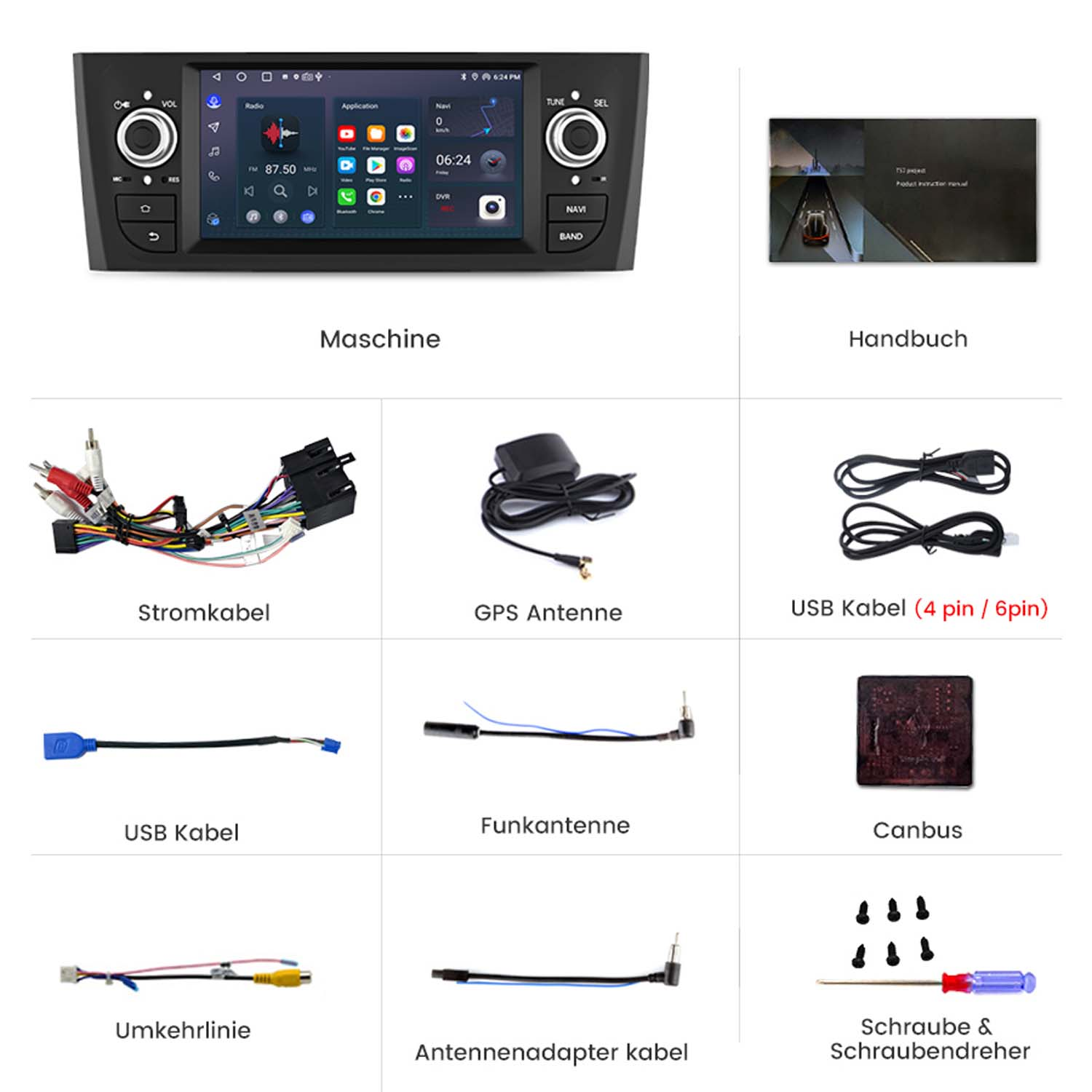 Componenti del sistema multimediale per auto con etichette in tedesco. Include schermo, cavi e varie parti di installazione.