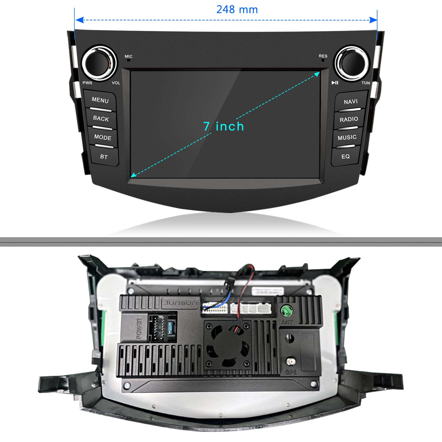 Schermo stereo per auto con pulsanti e dimensioni in mm e pollici.