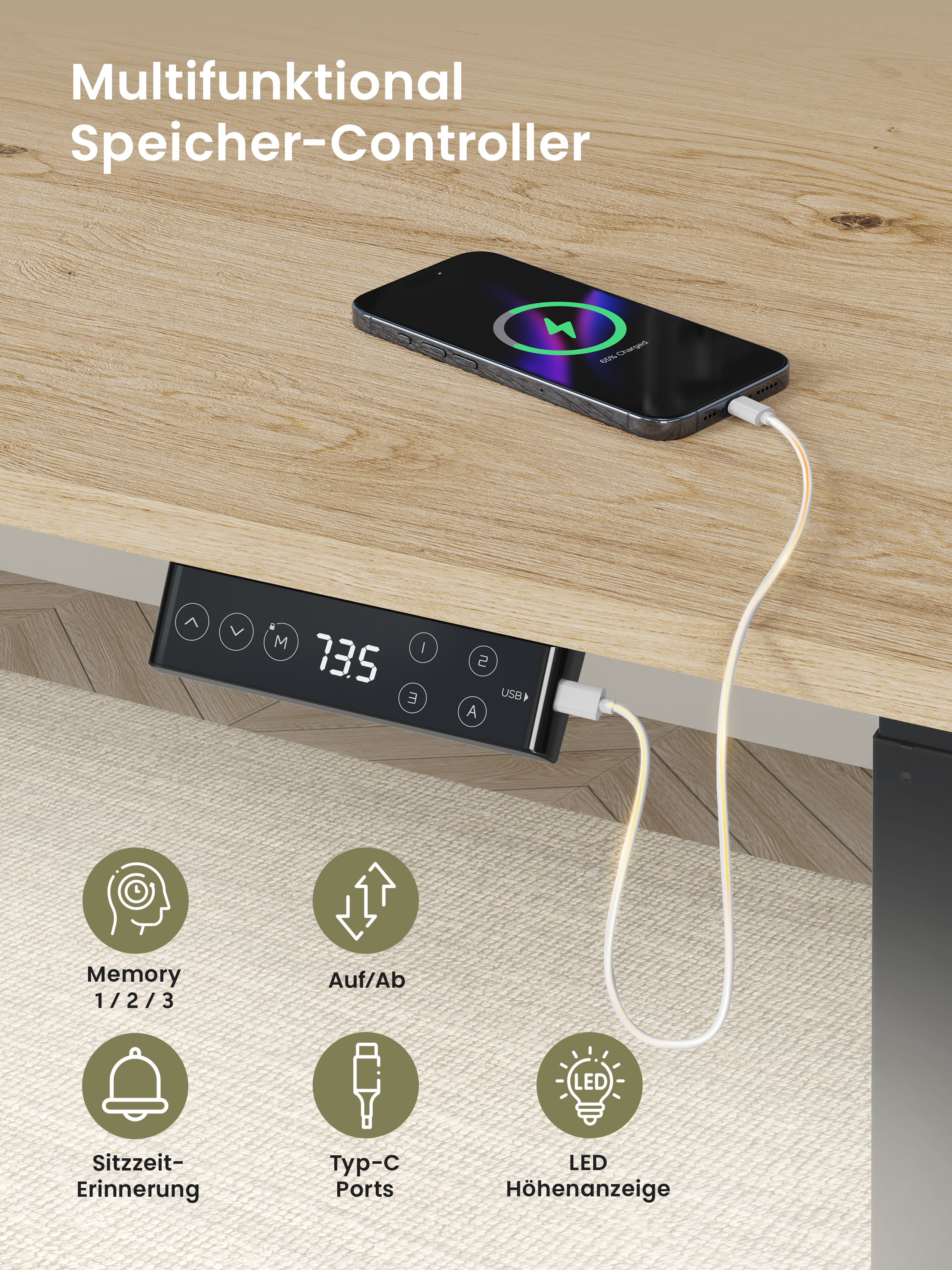 Ein schwarzer Schreibtisch-Controller, mit ladendem Telefon, Tasten und Symbolen auf einem Holzschreibtisch.