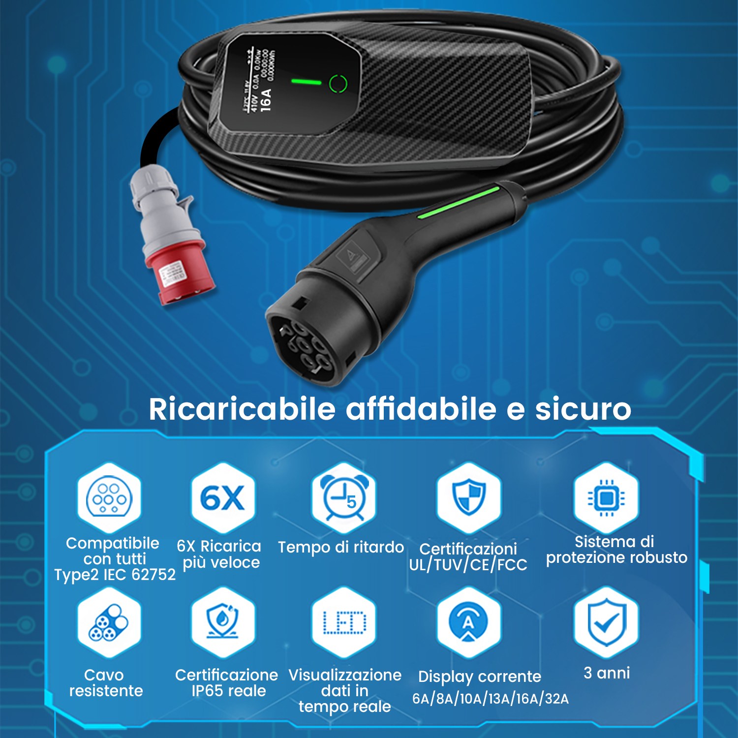 Cargador EV negro con enchufe rojo, cable e iconos sobre fondo tecnológico azul.