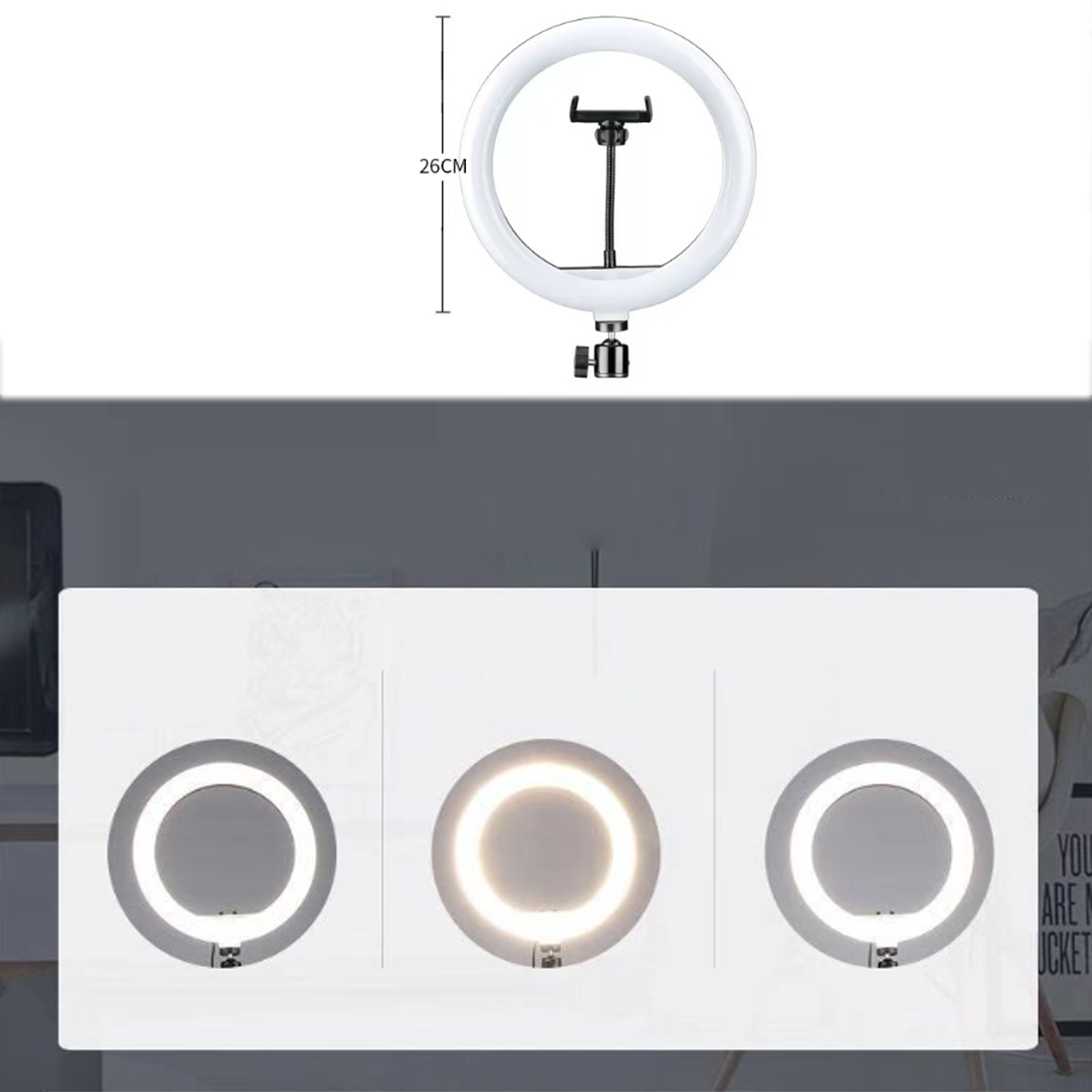 Ringlicht mit Telefonhalter und drei Helligkeitseinstellungen.