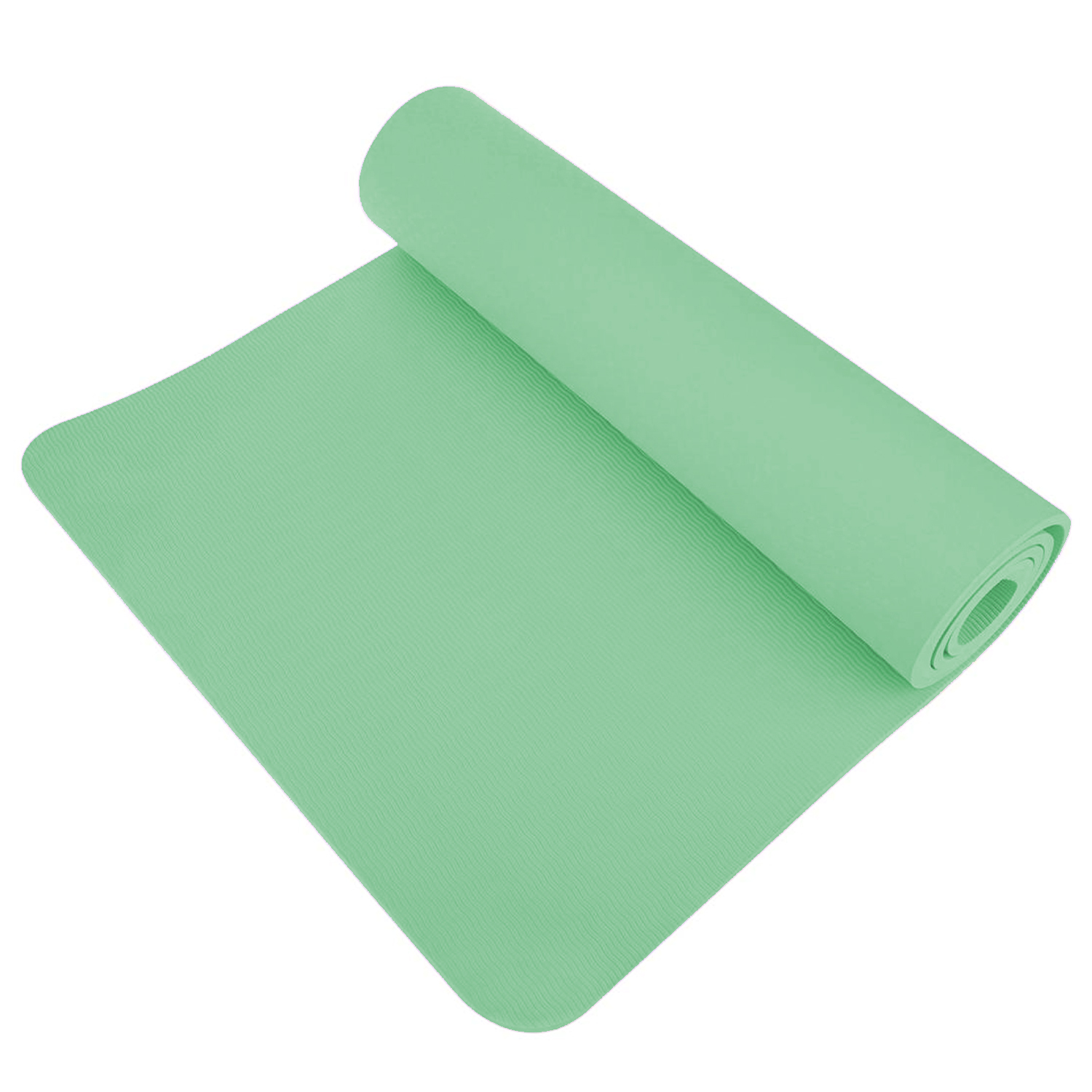 Zielona mata do jogi zwinięta. Część maty jest rozwinięta, ukazując jej fakturę.