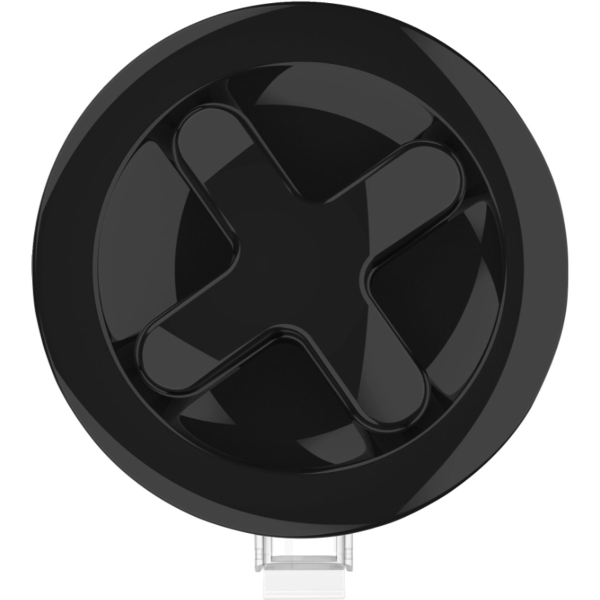 Prodotto nero, rotondo, lucido con design 'X' al centro. Base in plastica trasparente.