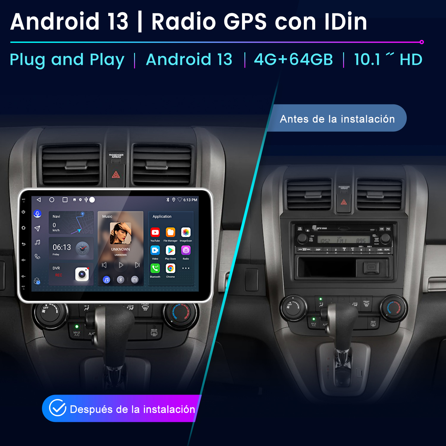Panel de coche con interfaz de reproductor multimedia, mostrando la instalación antes y después.