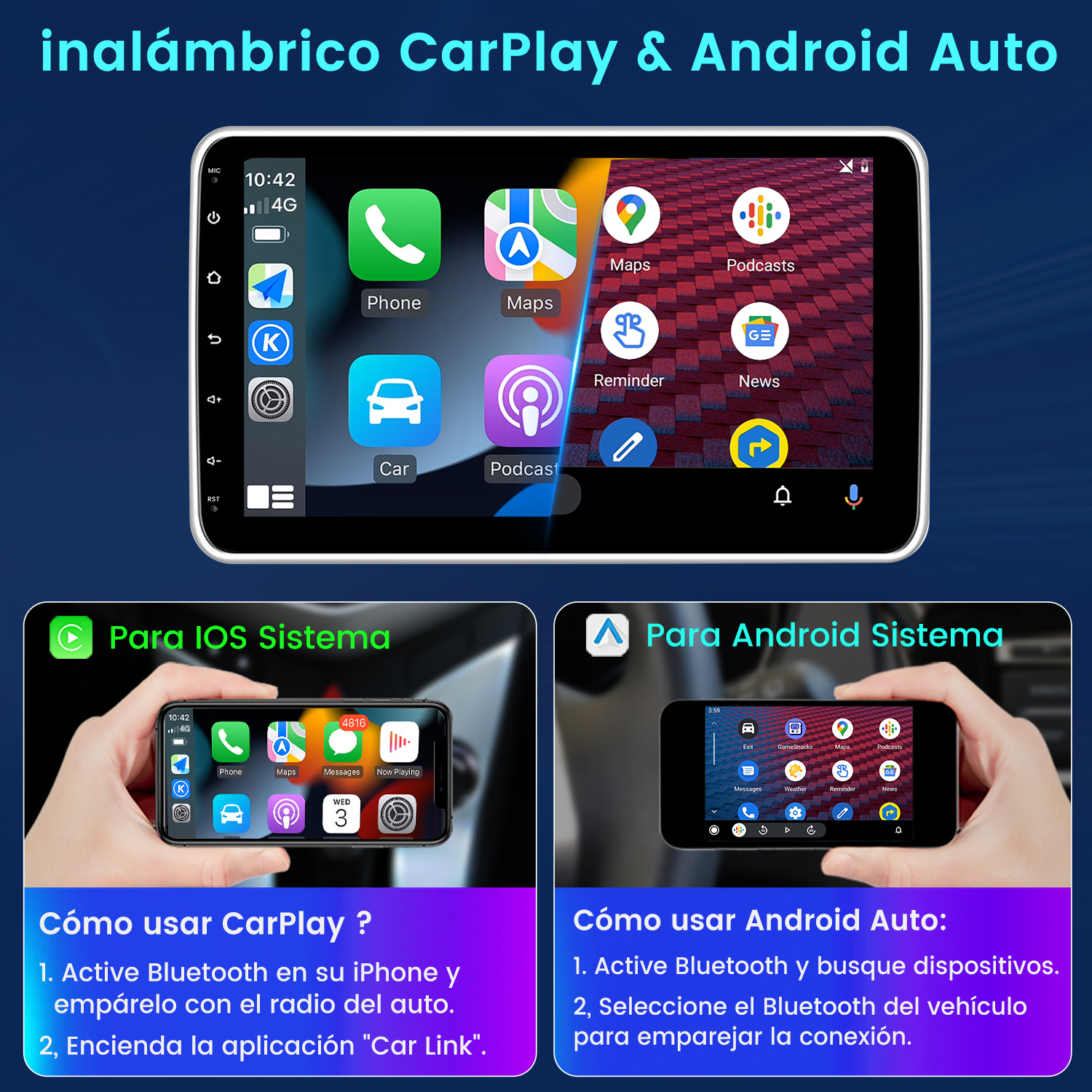Pantalla del sistema de infoentretenimiento del coche y dos teléfonos que muestran cómo usar CarPlay y Android Auto.