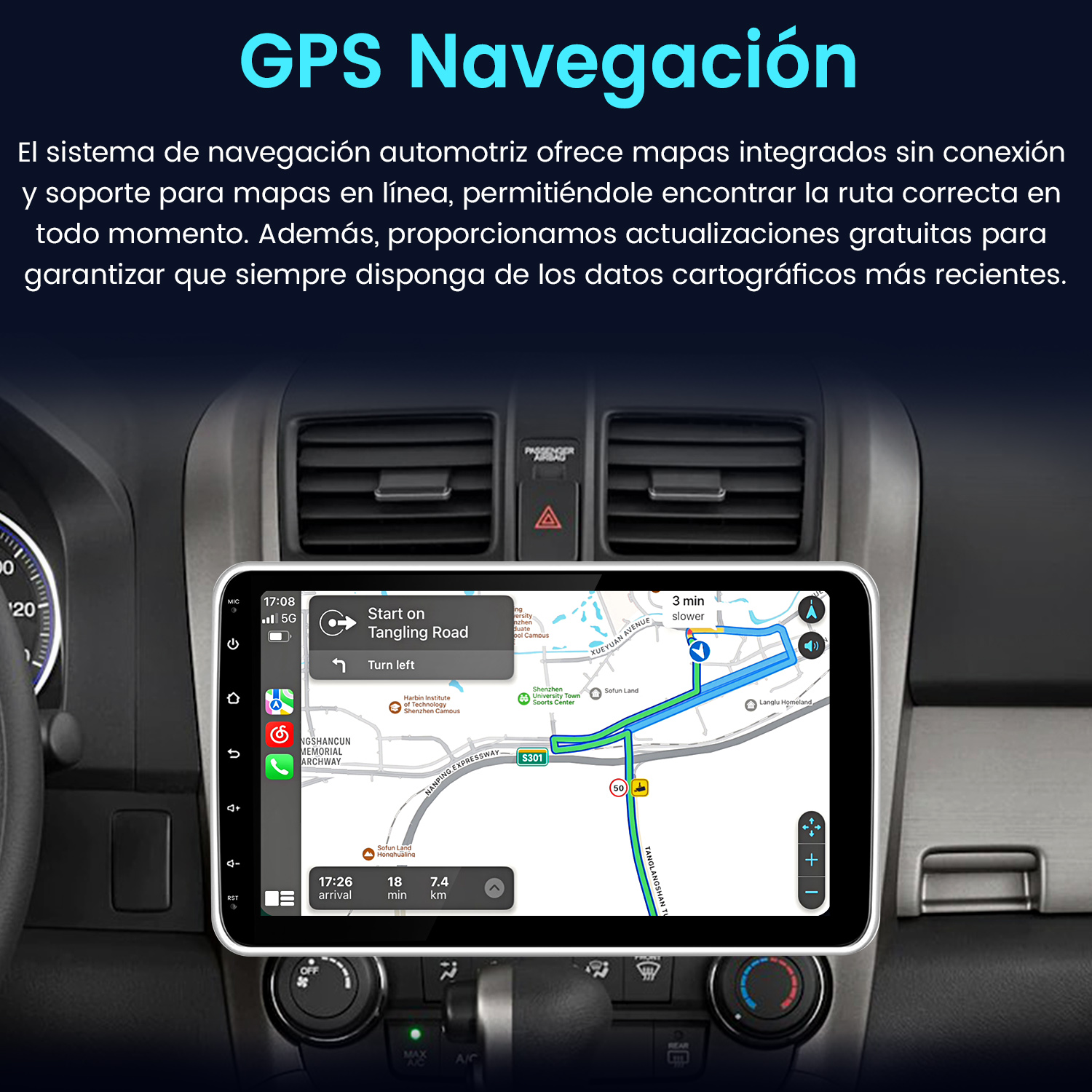 Panel de control de coche con pantalla de navegación GPS mostrando mapa y ruta.