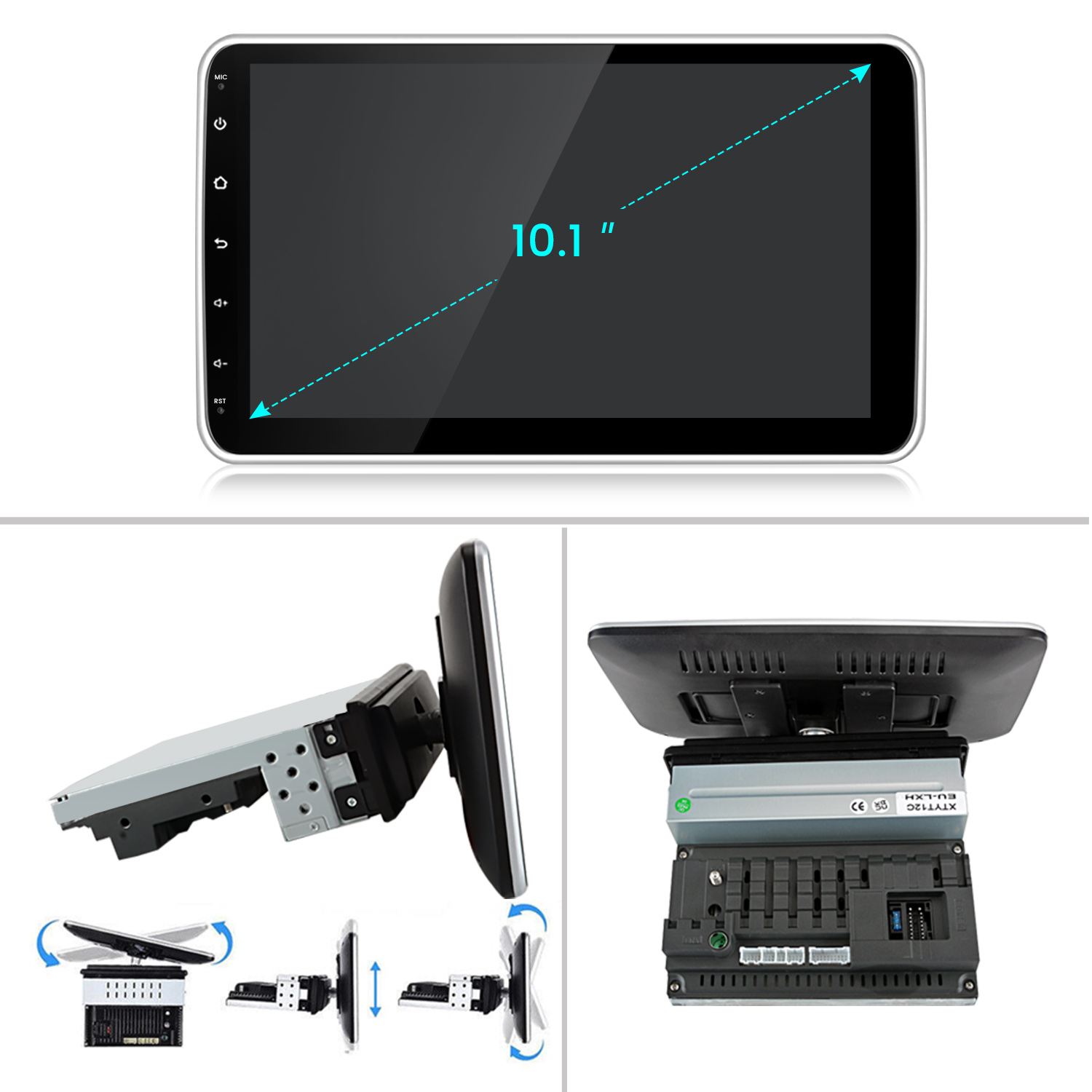 Tableta con pantalla de 10.1", y múltiples vistas de sus componentes.