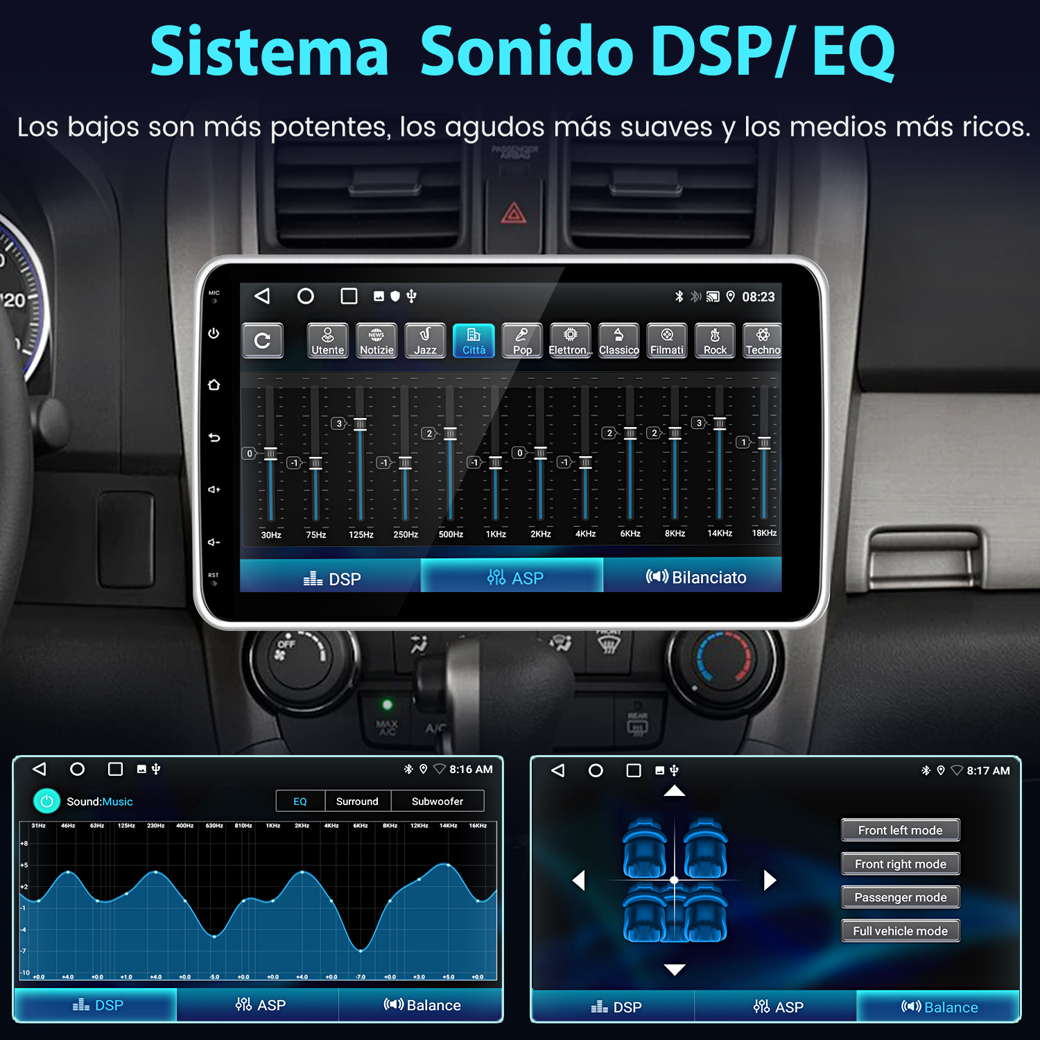 Radio de coche con interfaz de pantalla táctil y configuración de altavoces.