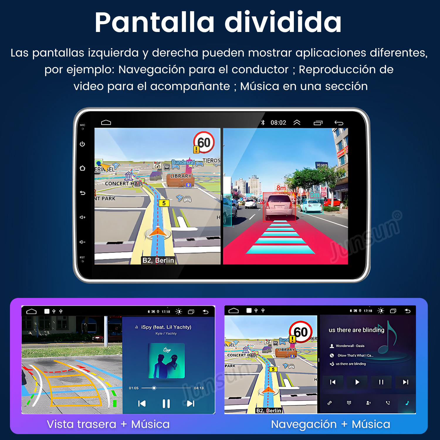 Panel del auto con navegación y música. Uno muestra un mapa, el otro música.