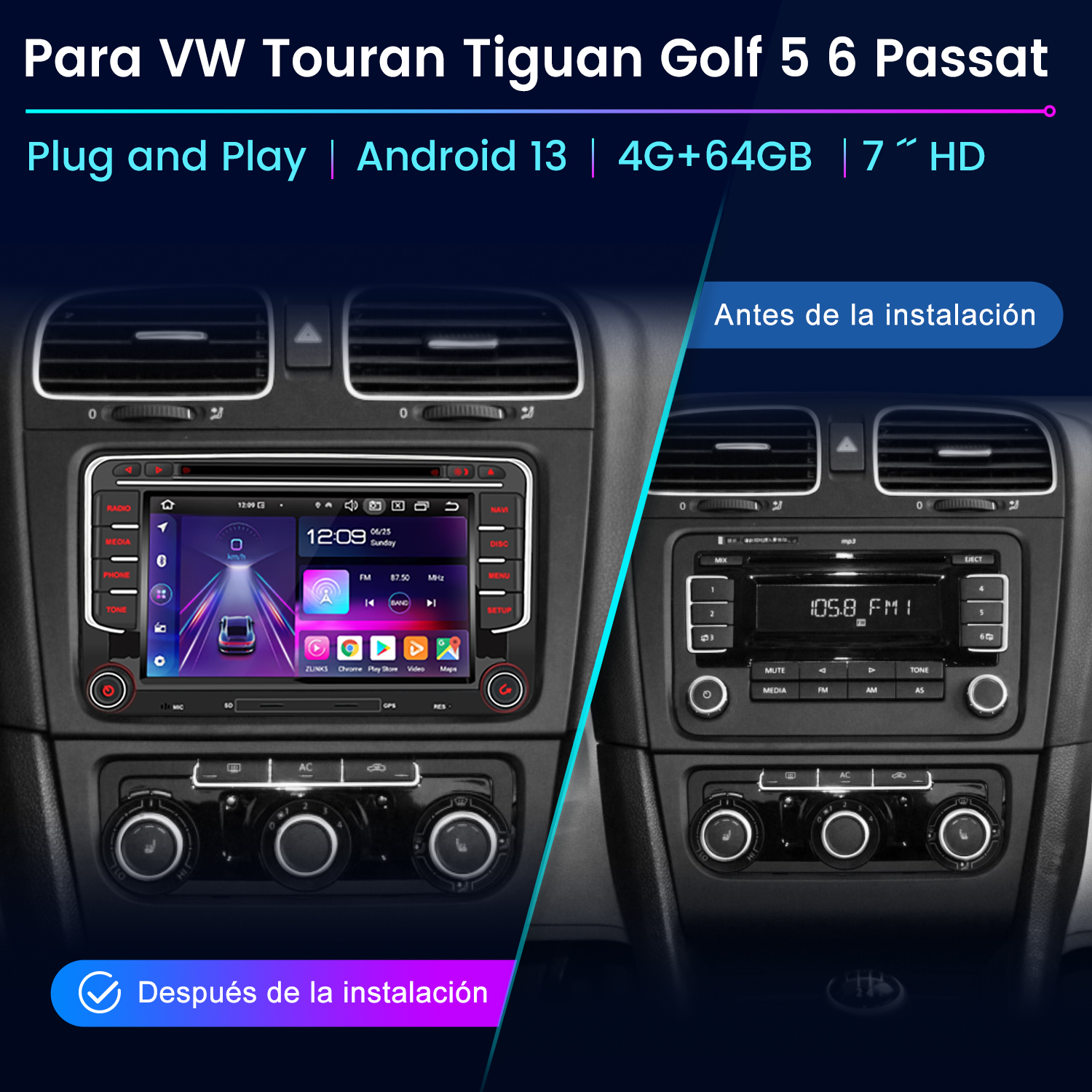 El tablero de un coche con pantalla, mostrando navegación y ajustes, con vistas de antes y después de la instalación.