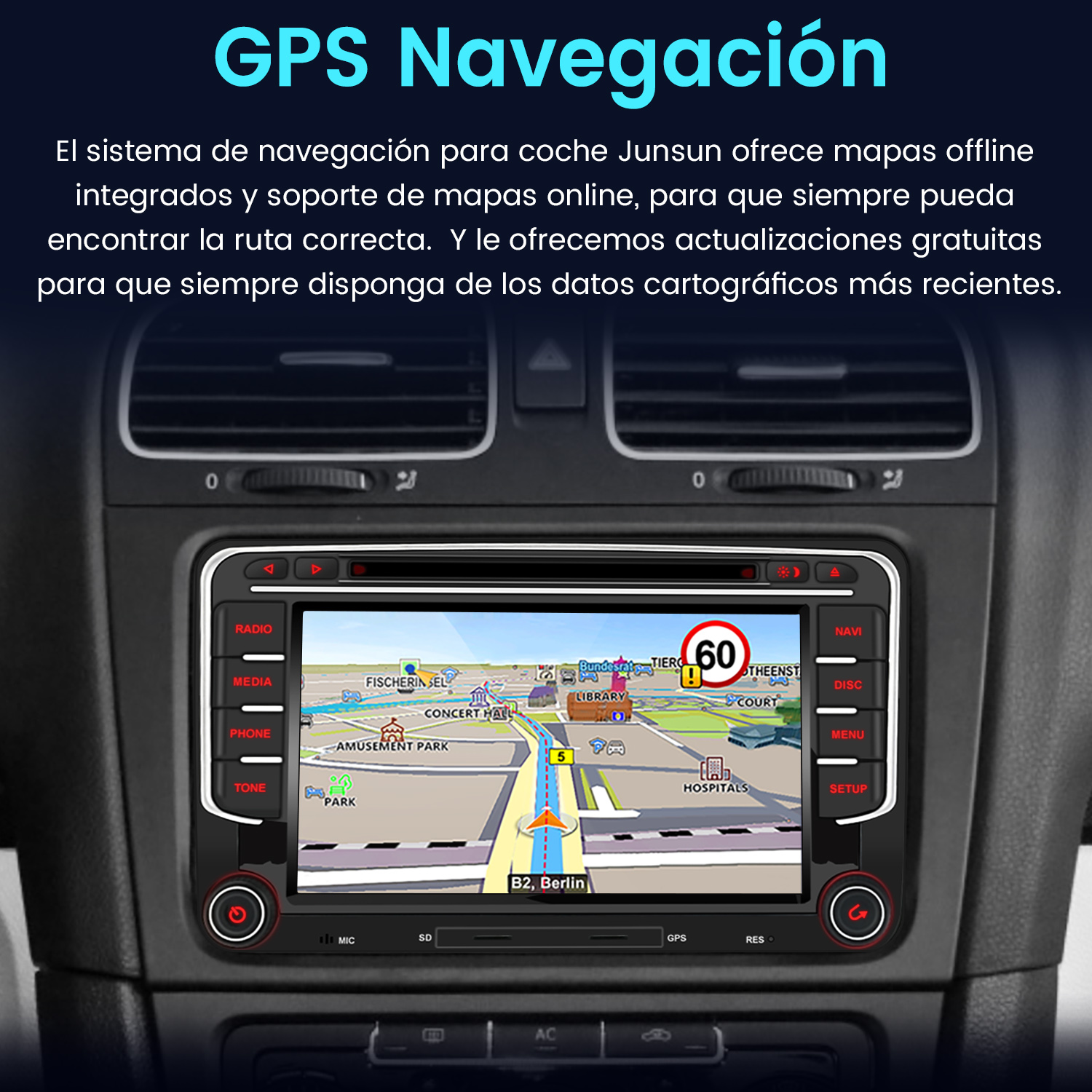 Pantalla de navegación del coche mostrando un mapa. La pantalla está en el salpicadero del coche.