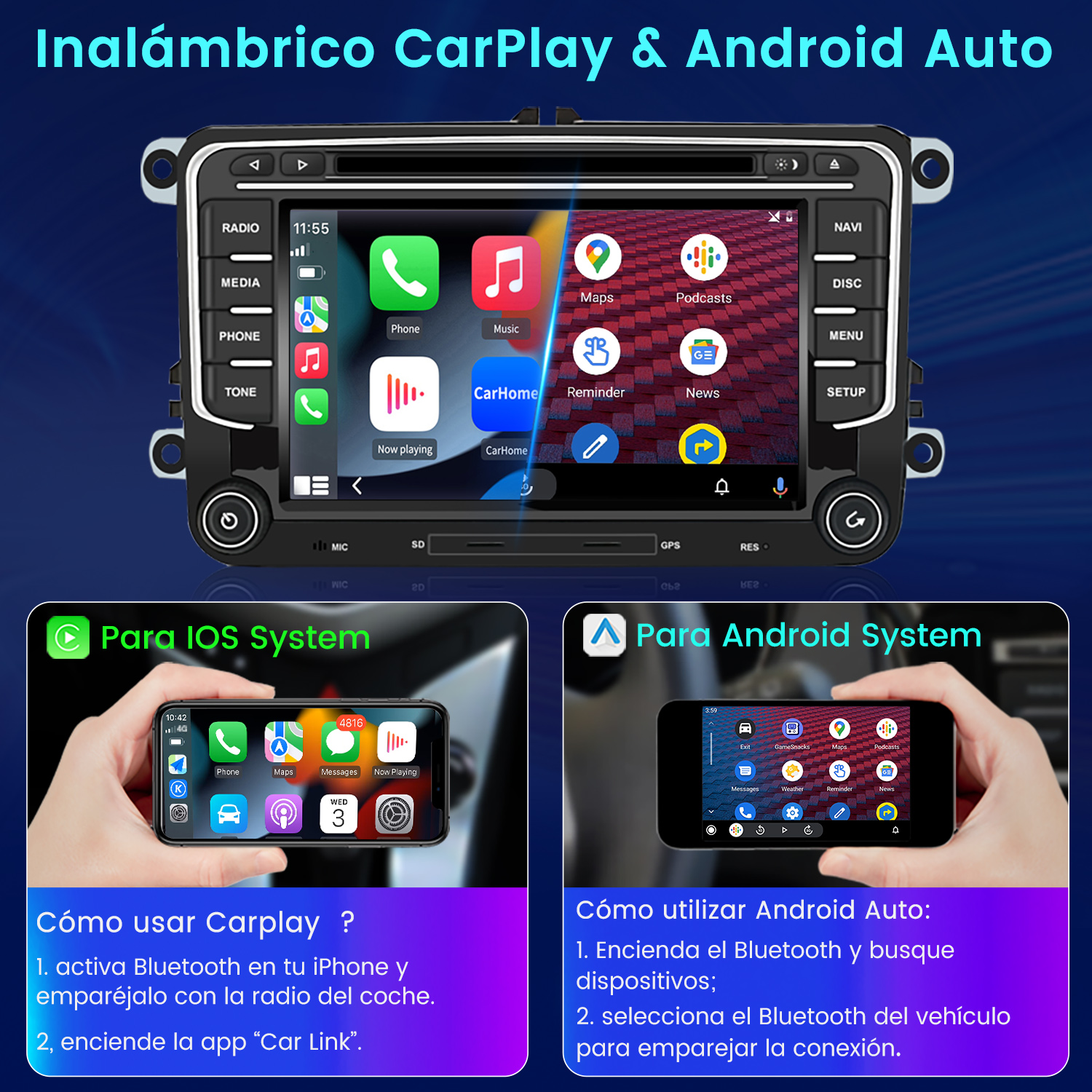 Pantalla del sistema de infoentretenimiento del coche y dos teléfonos que muestran cómo usar CarPlay y Android Auto.