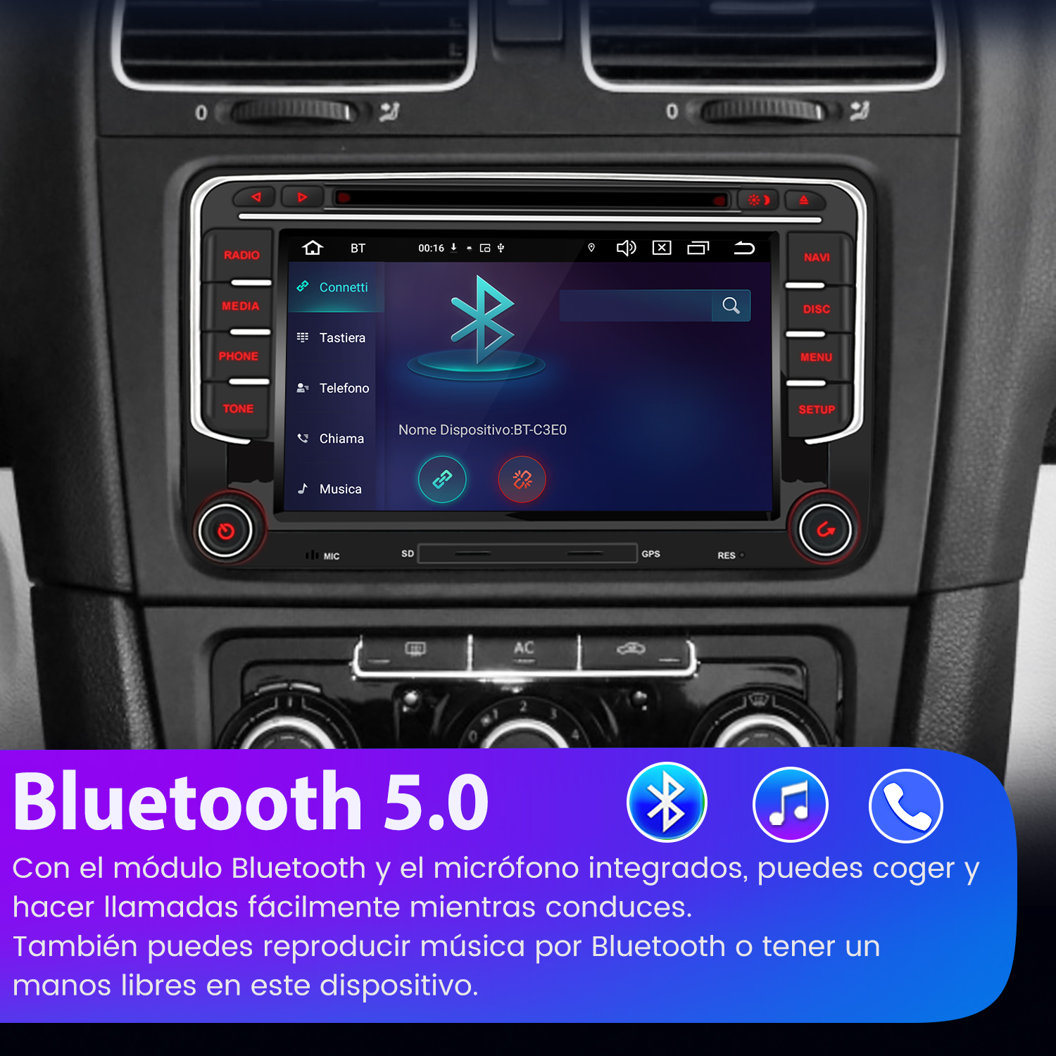 Estéreo de coche con una pantalla que muestra los detalles de la conexión Bluetooth.