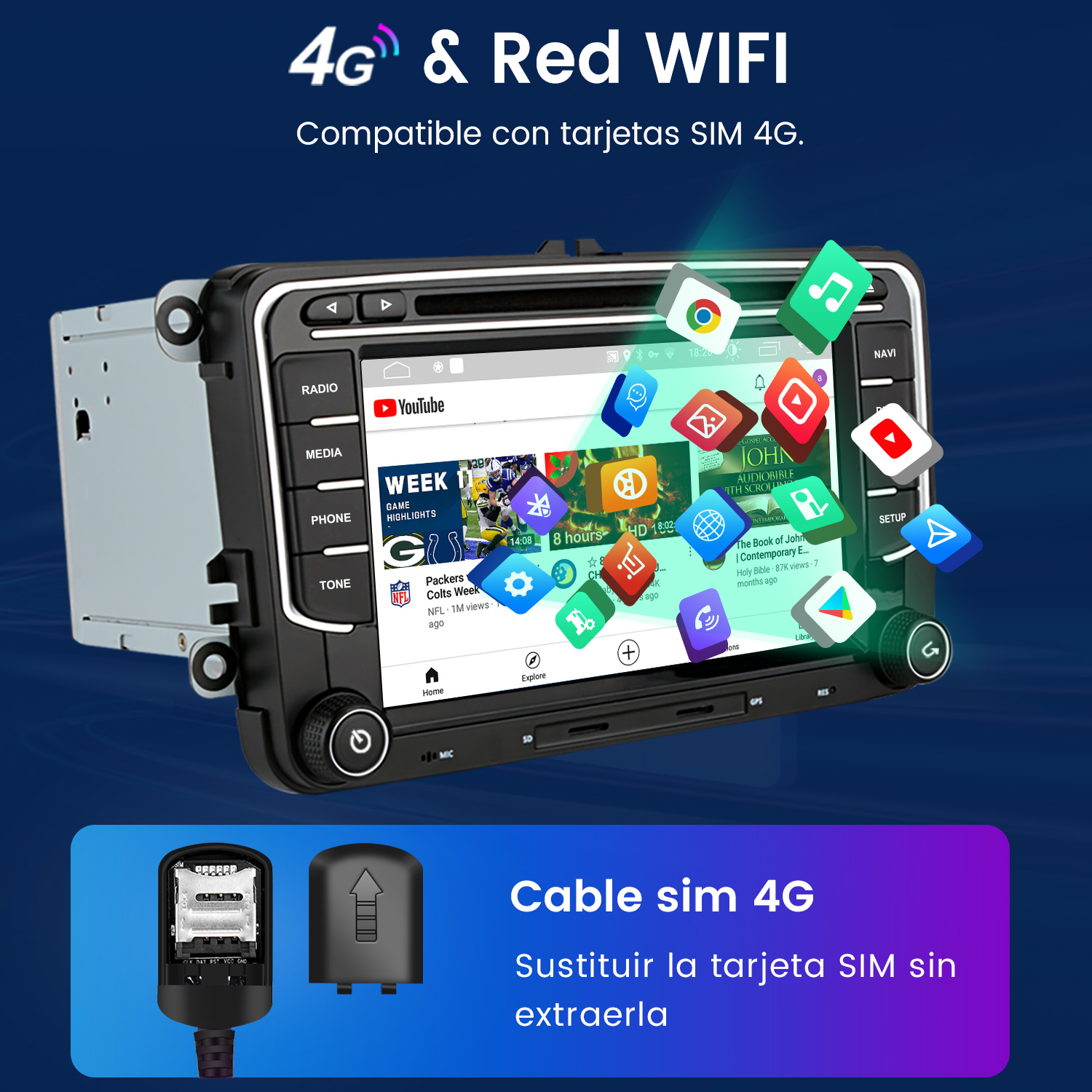Sistema multimedia para coche con pantalla mostrando un vídeo de YouTube e iconos de aplicaciones.