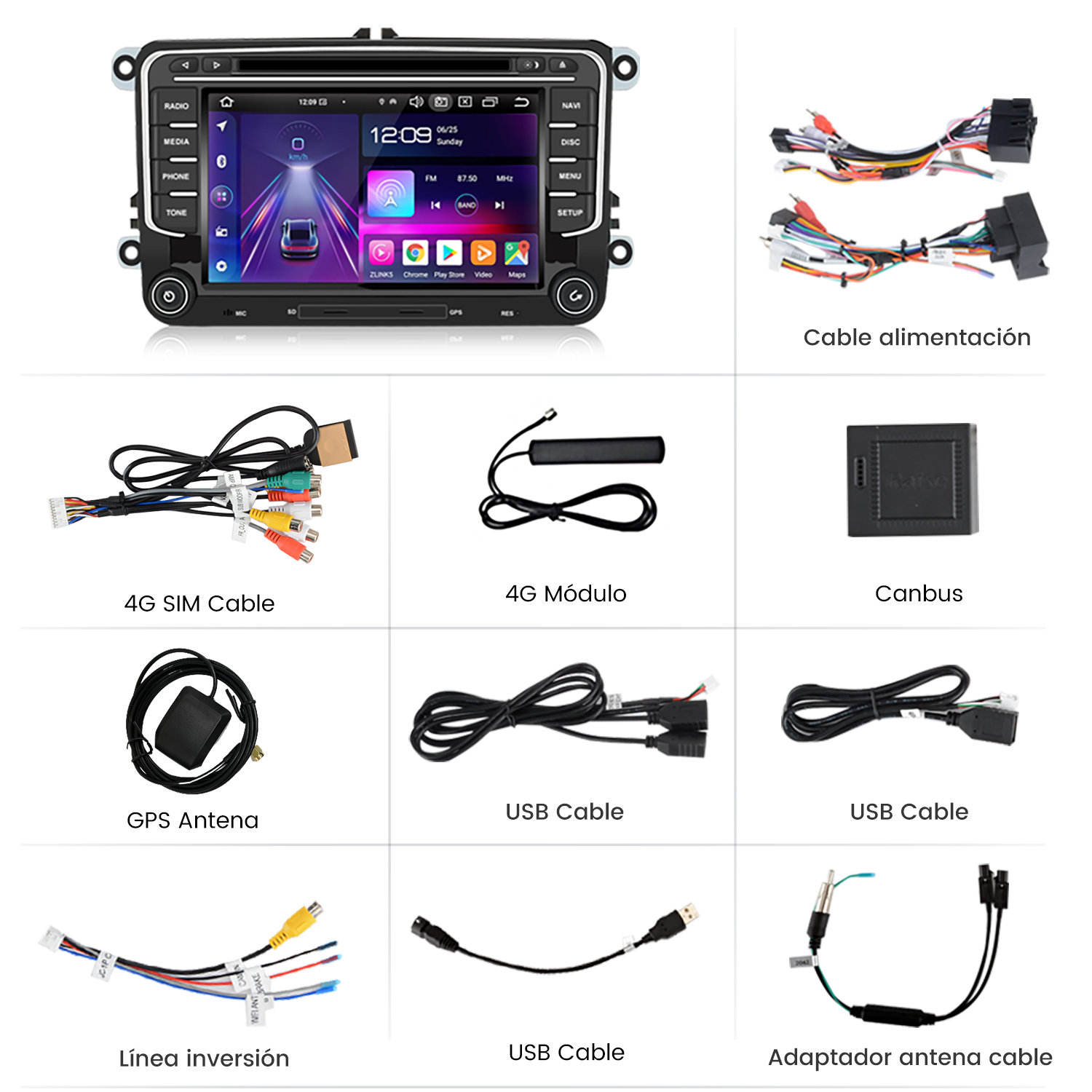 Múltiples componentes de un sistema de radio para automóvil, incluidos cables y antenas.