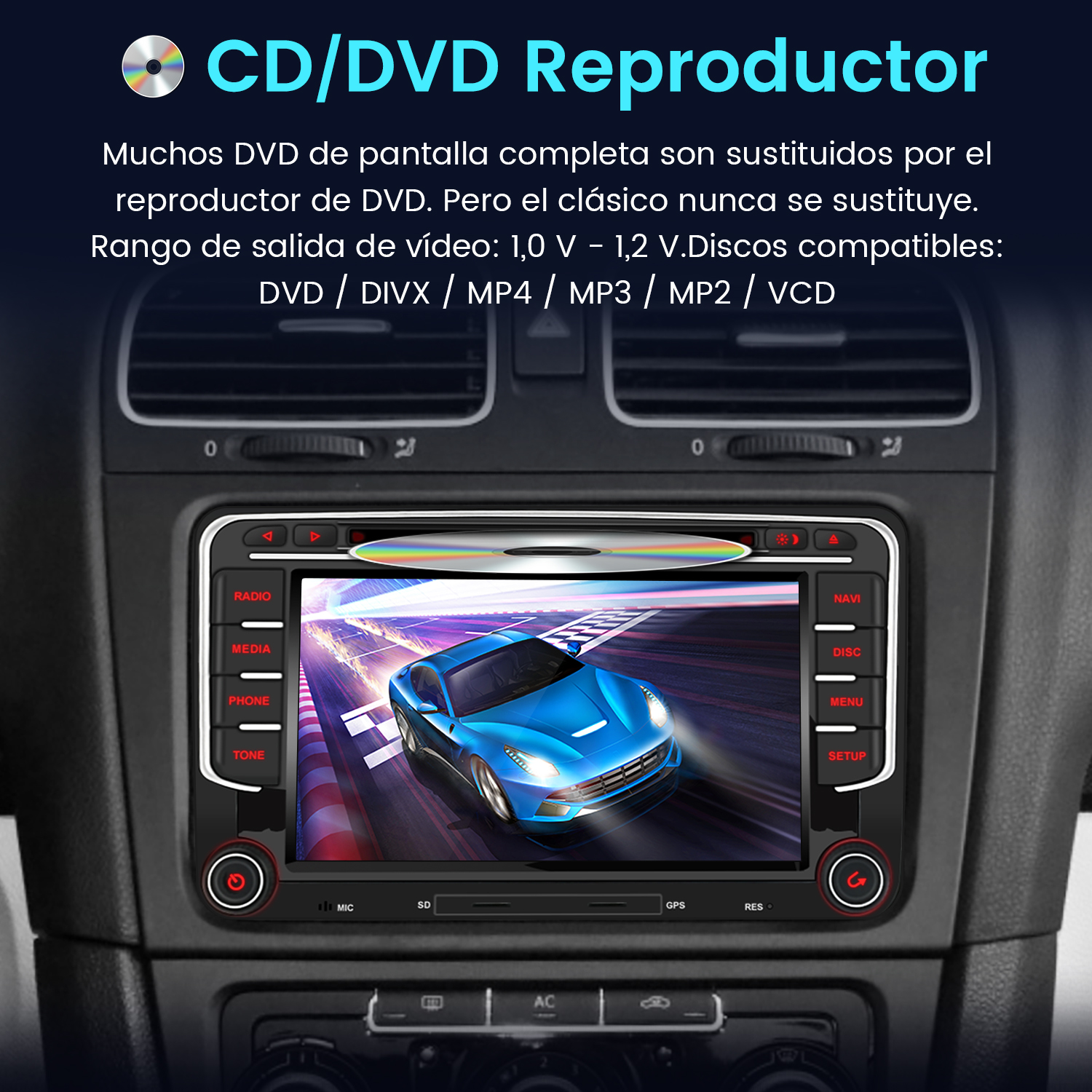 Estéreo de coche con reproductor de CD, mostrando un coche azul en la pantalla. La consola tiene muchos botones.