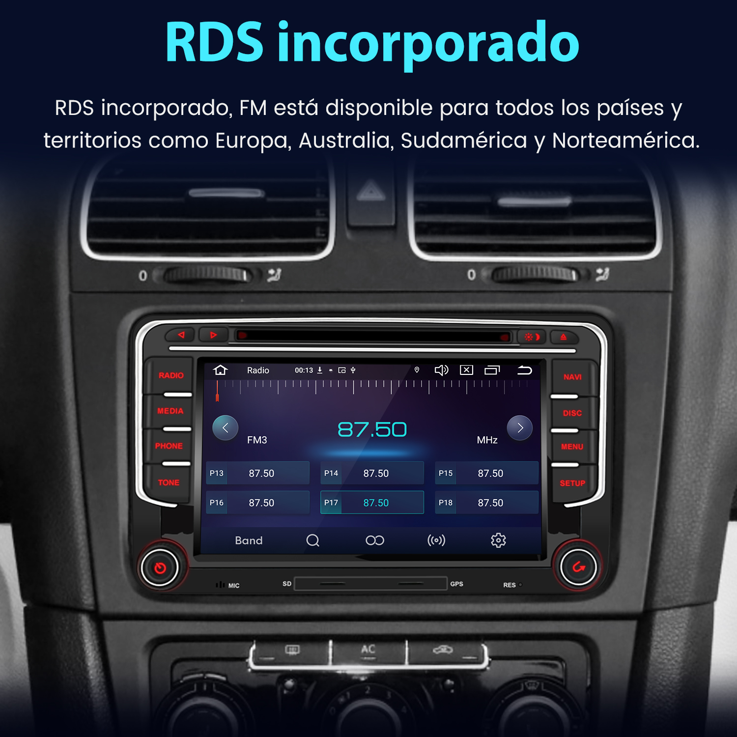 Pantalla de radio de coche mostrando ajustes. Texto en español, con botones y un dial para controlar.
