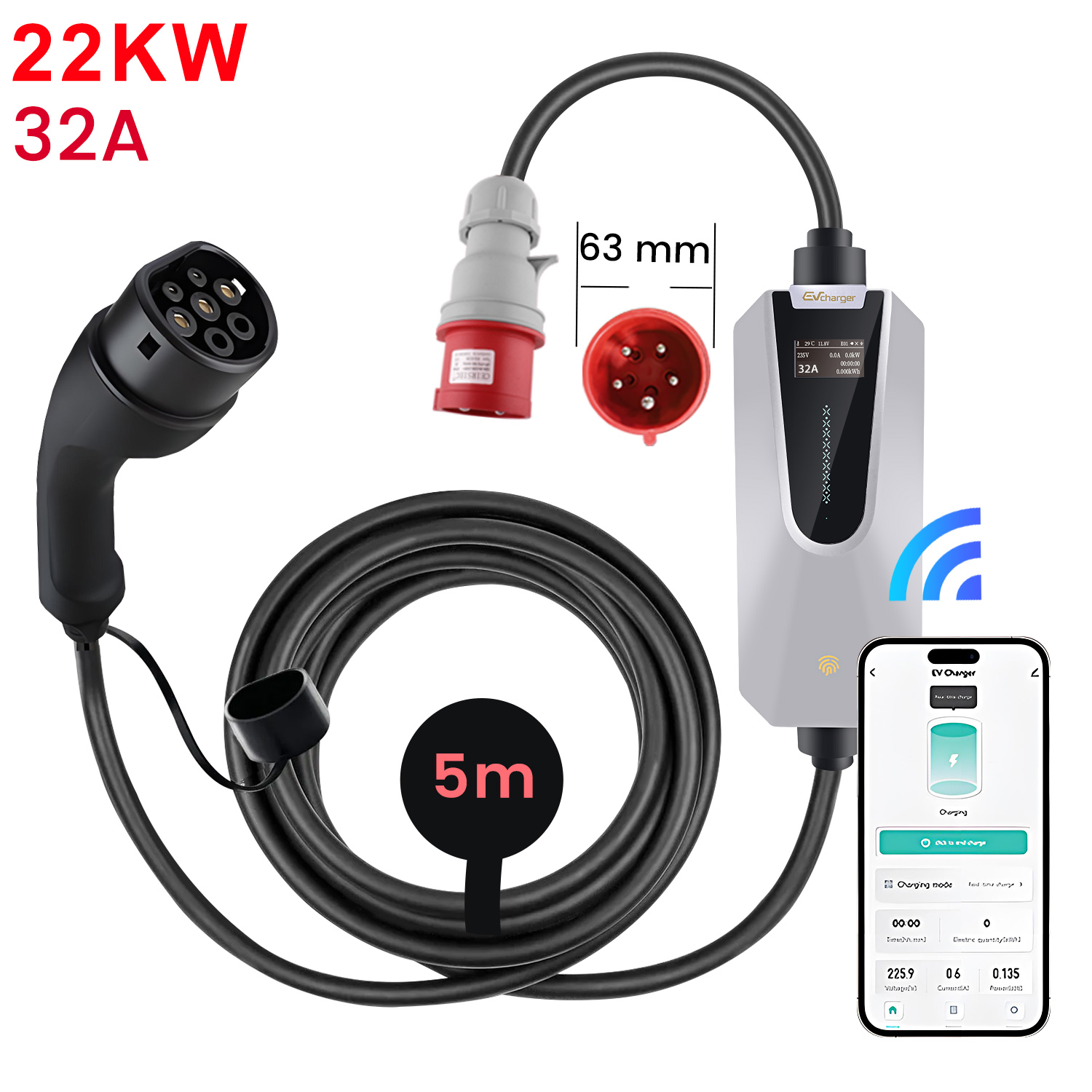 Un cargador de vehículo eléctrico con cable de carga, un teléfono móvil que muestra el estado de carga y varios conectores.