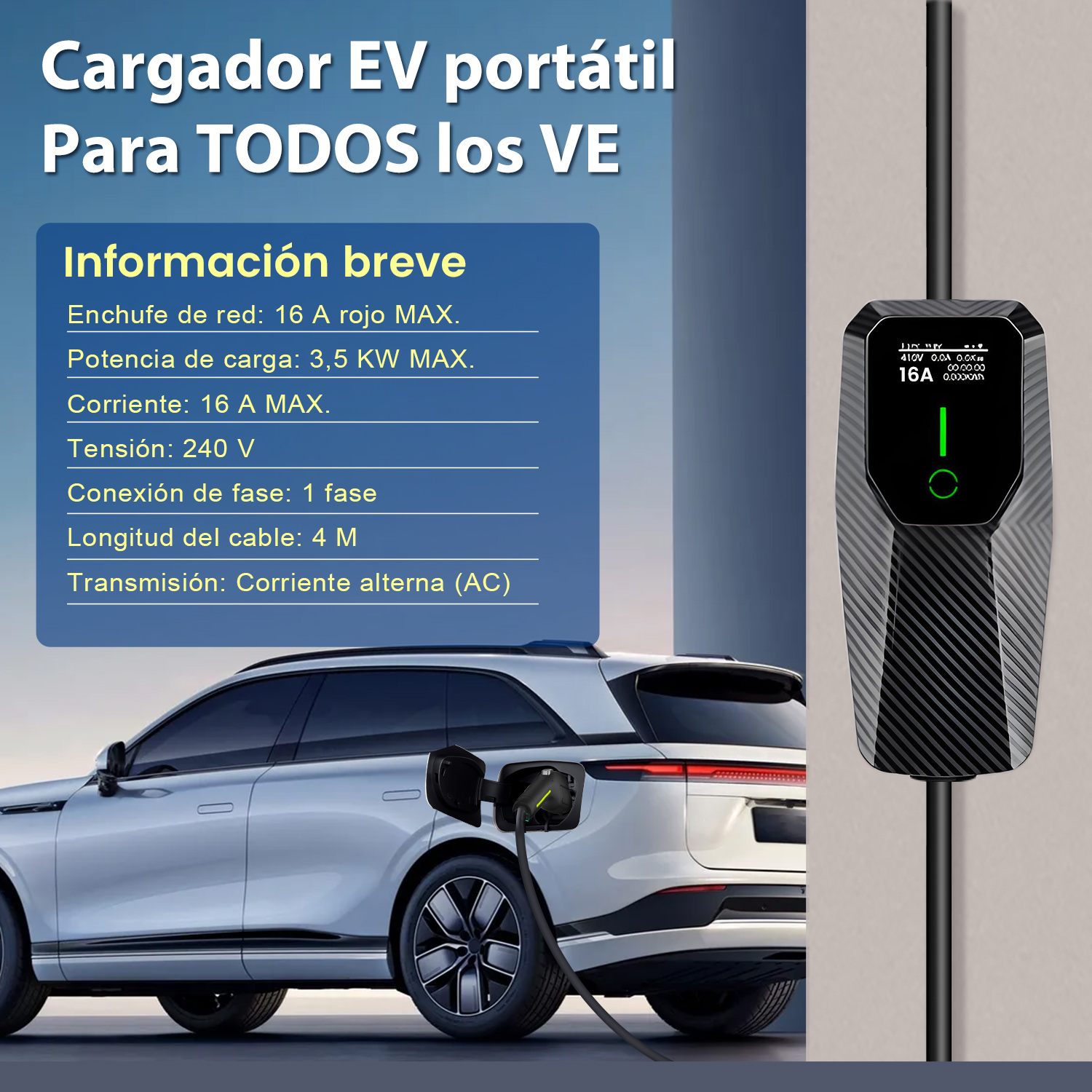 Cargador EV portátil conectado a un coche. Texto informativo a la izquierda. Cargador y cable negros.