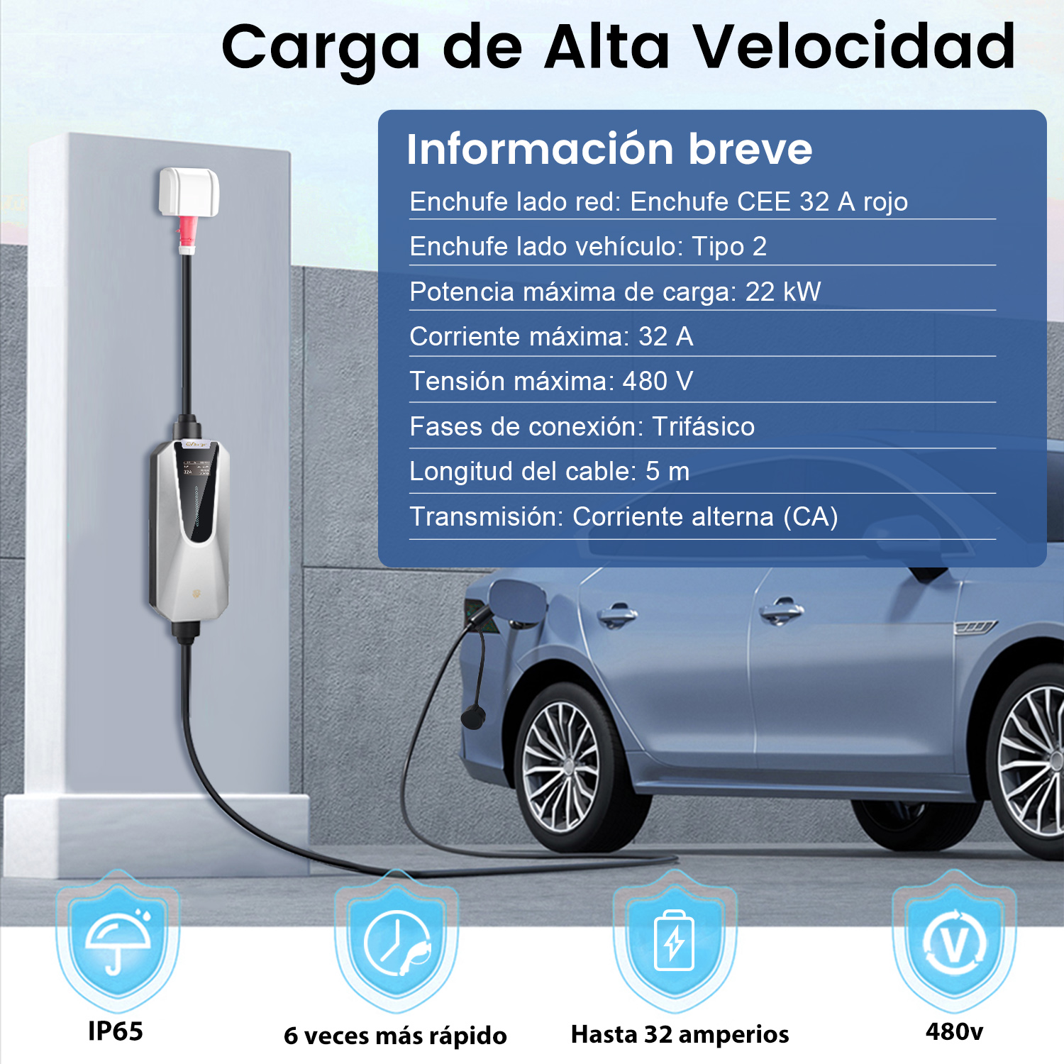Imagen de una estación de carga blanca y plateada con un coche azul.