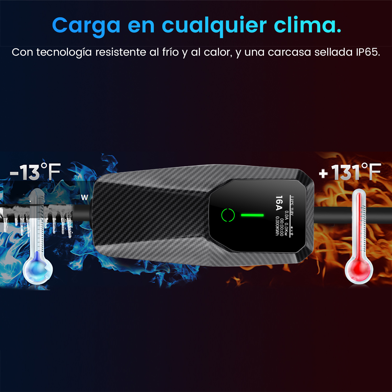 Un cargador de vehículos eléctricos muestra el proceso de carga con temperaturas. Muestra extremos de -13F y +131F.