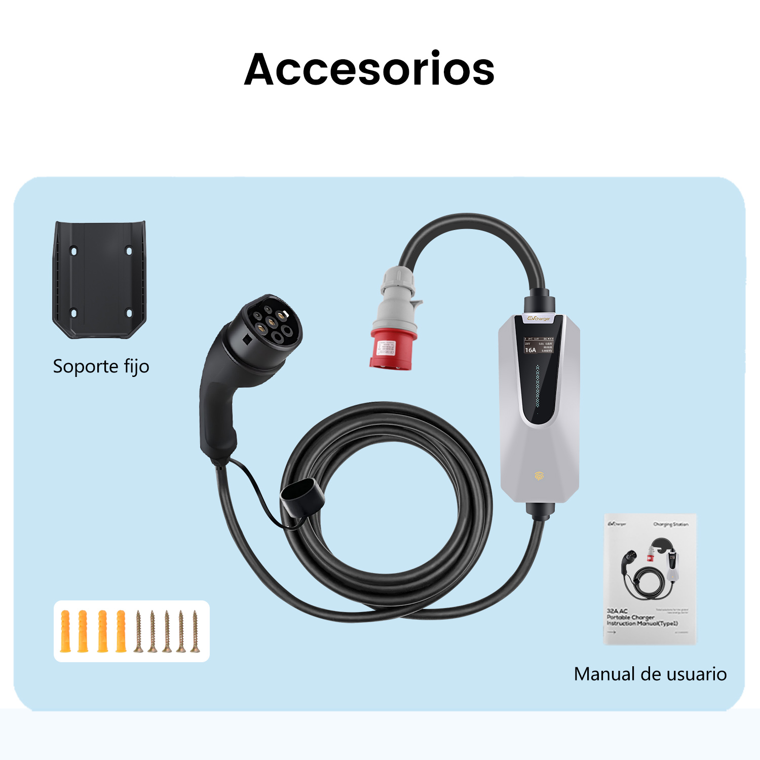 Accesorios para un cargador de vehículos eléctricos, incluyendo un soporte, tornillos y un manual de usuario.