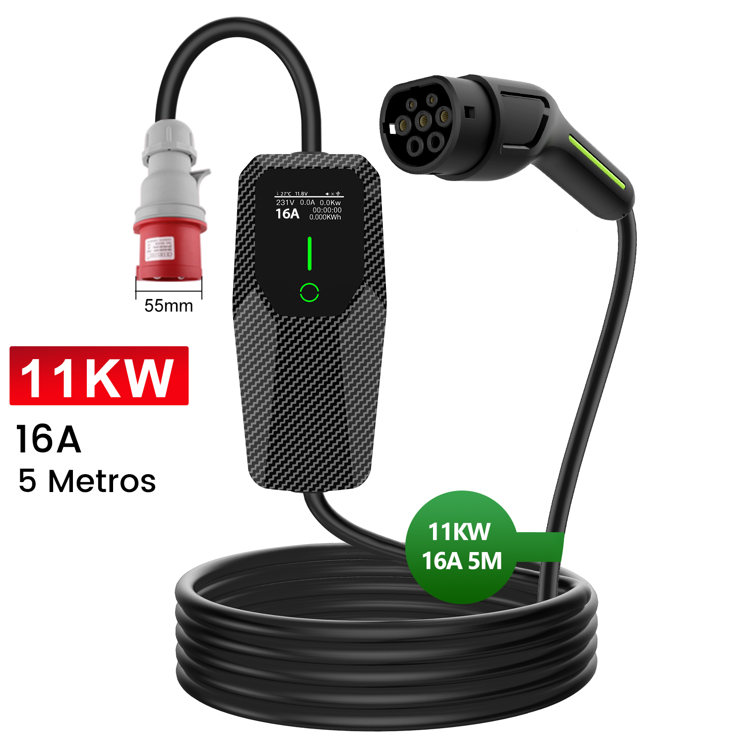 Cable de carga EV con enchufe y unidad de carga, mostrando especificaciones de 11kW y 16A.